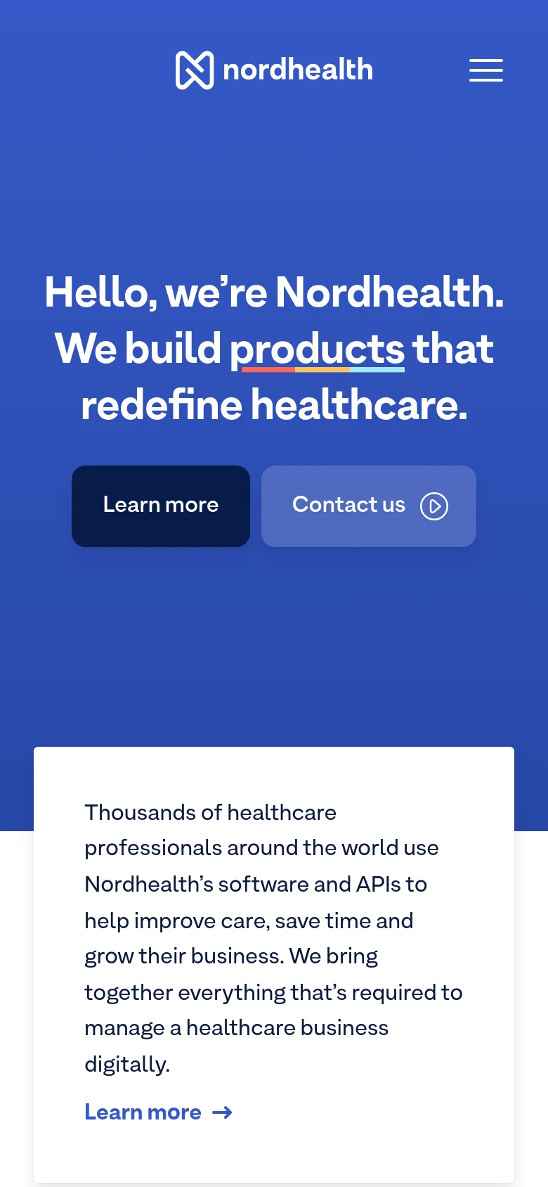 The mobile version uses a vertical layout with the same blue hero background and large white headline. The navigation is condensed into a hamburger menu icon at the top right, and the 'Learn more' and 'Contact us' buttons are stacked vertically. A white card at the bottom displays the company's mission statement and a blue text link with an arrow.