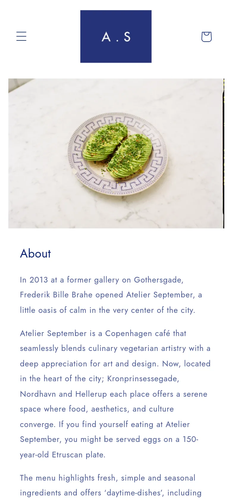 The mobile version maintains the clean aesthetic but uses a condensed layout with a hamburger menu icon and a shopping bag icon in the header. The hero image of avocado on a patterned plate is scaled down to fit the narrow screen, and the text content follows in a single vertical column for easy scrolling.