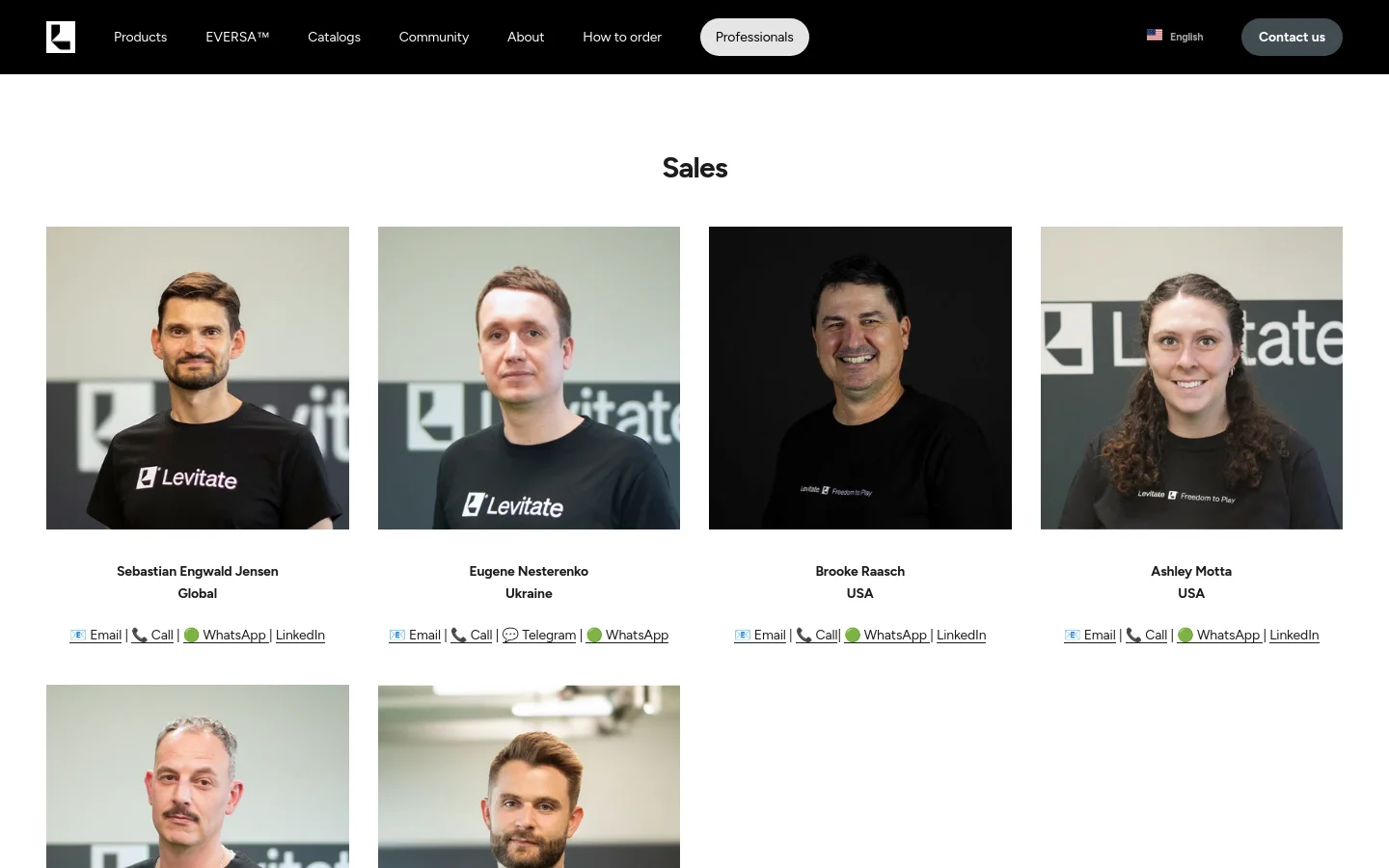 The 'Sales' contact page features a grid layout of professional headshots for the sales team against a neutral background. Each person's name, region, and contact links for email, phone, WhatsApp, and LinkedIn are listed below their photo. The navigation bar at the top is white with black text and a 'Contact us' button.