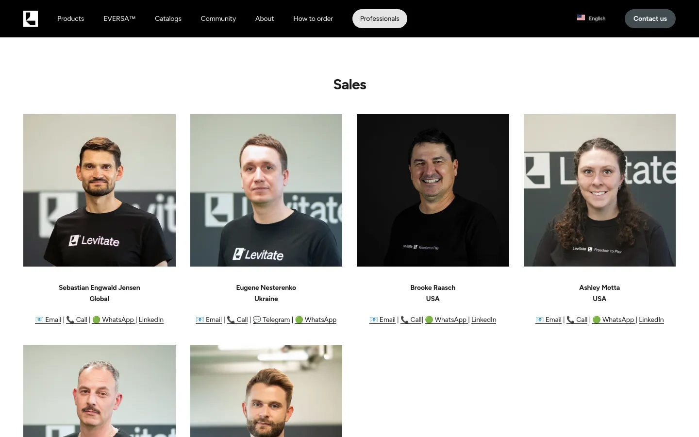 The 'Sales' contact page features a grid layout of professional headshots for the sales team against a neutral background. Each person's name, region, and contact links for email, phone, WhatsApp, and LinkedIn are listed below their photo. The navigation bar at the top is white with black text and a 'Contact us' button.
