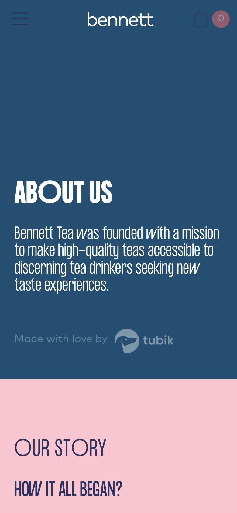 The mobile version uses a single-column vertical layout with a dark blue header and hero section featuring large white 'About Us' text. The background transitions to light pink for the 'Our Story' section, and the top navigation is condensed into a hamburger menu icon.
