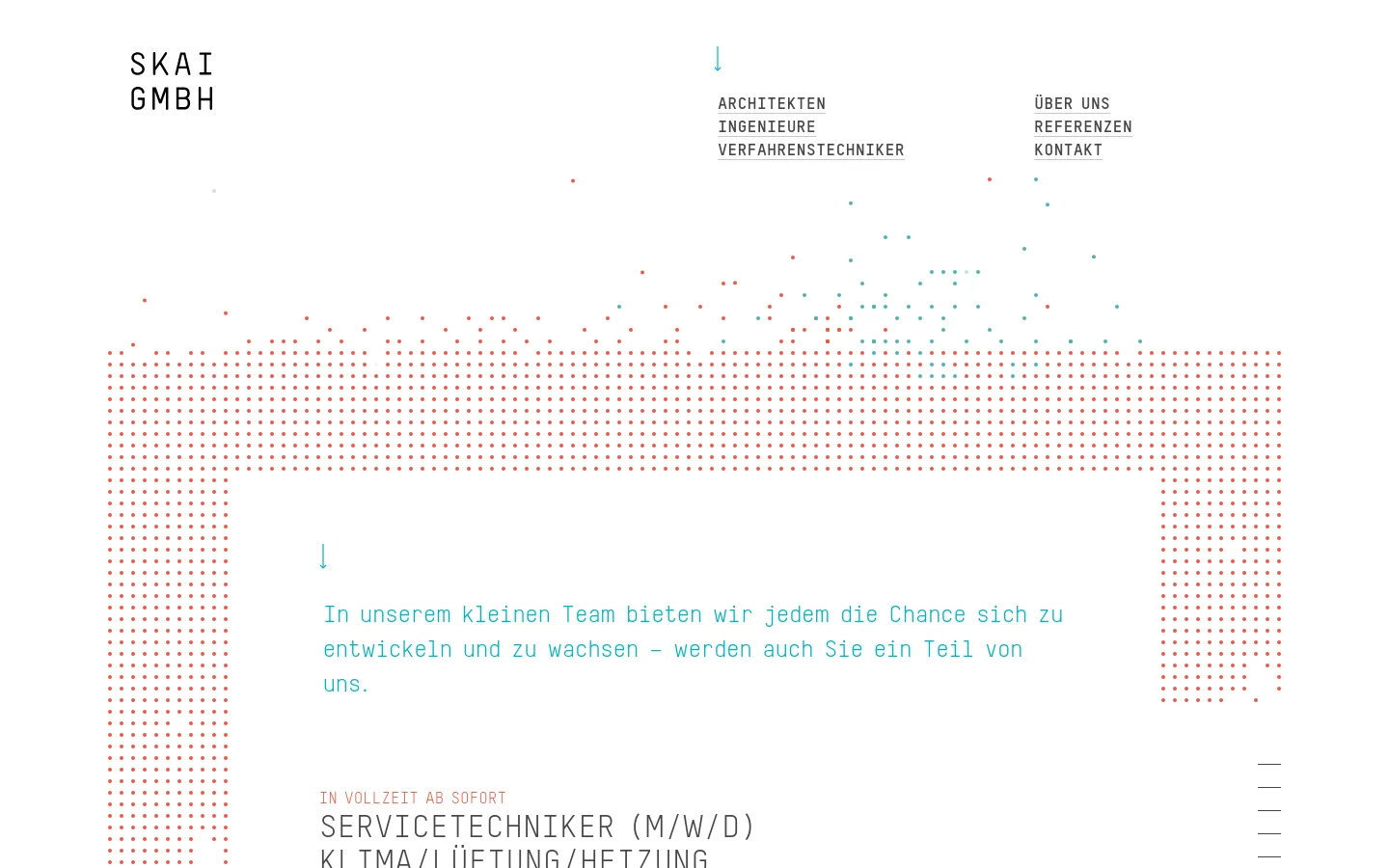The desktop page features a minimalist design with a white background and a header containing the SKAI GMBH logo and navigation links. A large heading introduces job opportunities, followed by a vertical list of four job openings, each presented as a clickable link with employment details. The layout is spacious, utilizing a pattern of red and teal dots as a decorative element.