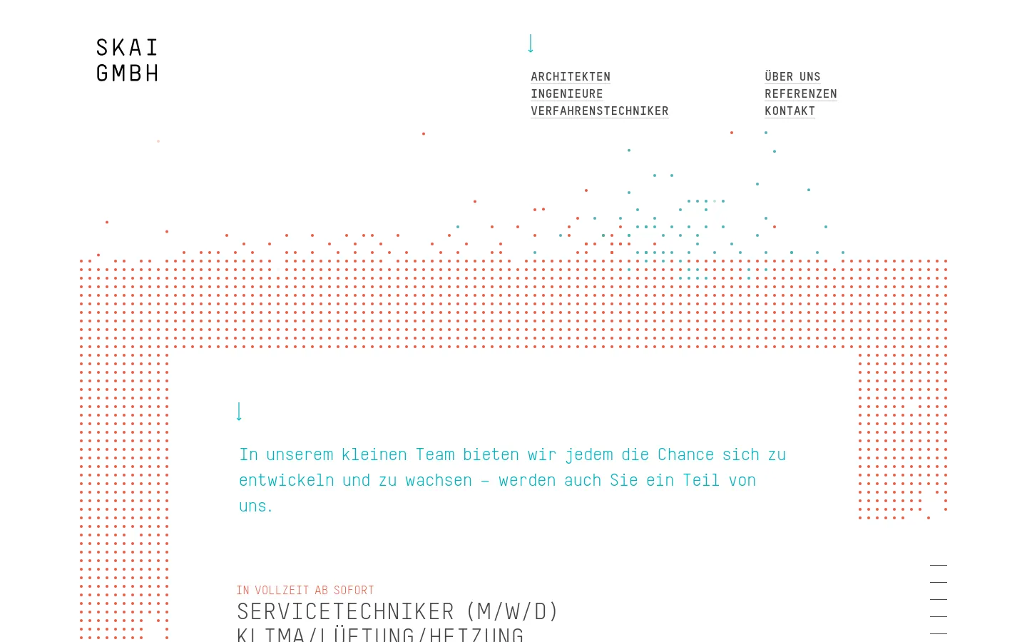 The desktop page features a minimalist design with a white background and a header containing the SKAI GMBH logo and navigation links. A large heading introduces job opportunities, followed by a vertical list of four job openings, each presented as a clickable link with employment details. The layout is spacious, utilizing a pattern of red and teal dots as a decorative element.
