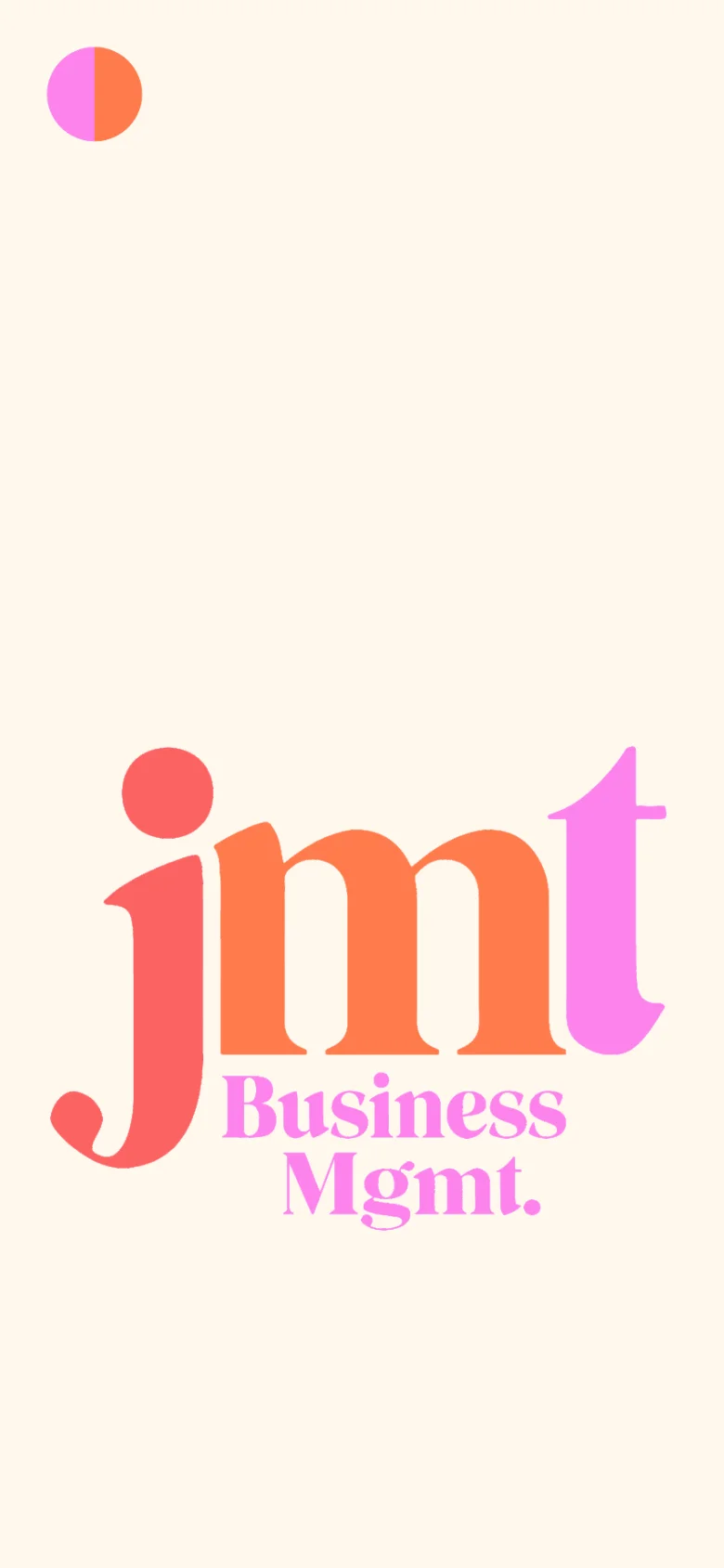 The mobile version presents a simplified, single-column vertical layout starting with a large 'jmt Business Mgmt.' logo centered on a cream background. A circular pink and orange icon sits at the top, and the split-screen hero design from the desktop version is replaced by a stacked arrangement of elements.