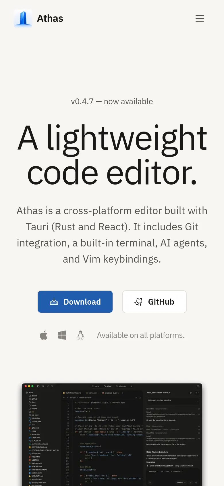 The mobile version maintains the minimalist white and dark theme but uses a stacked layout. The navigation menu is condensed into a hamburger icon at the top right, and the hero text and buttons are centered and scaled down for smaller screens. The large editor screenshot is positioned below the primary call-to-action buttons.