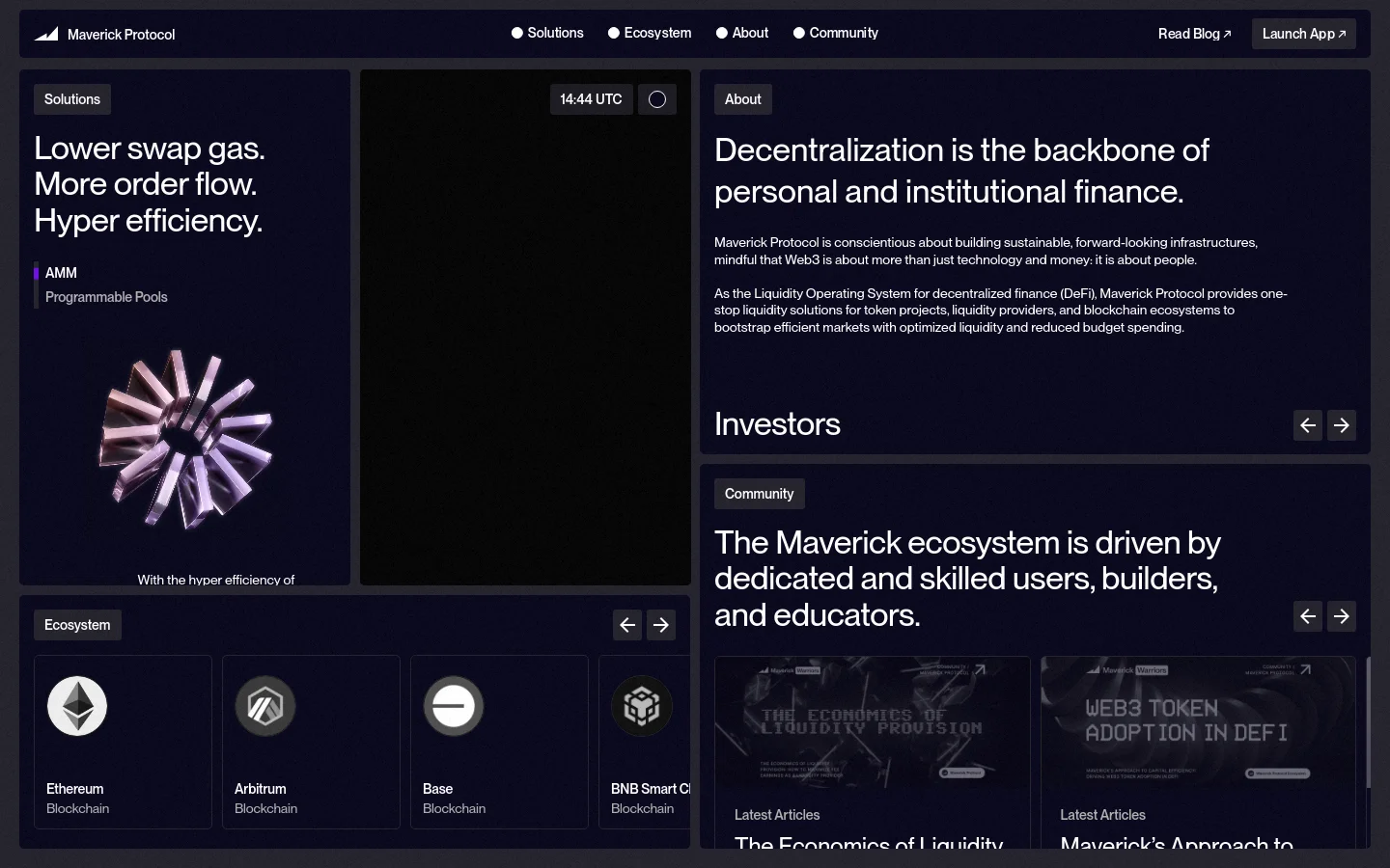 The desktop homepage for Maverick Protocol features a dark, minimalist design with a navigation bar containing links for Solutions, Ecosystem, About, and Community. The hero section displays the headline 'Lower swap gas. More order flow. Hyper efficiency.' alongside a 3D abstract metallic shape and a large dark panel showing the current UTC time. Below, content cards highlight different sections like Investors and Community, using a dark color palette with white text and subtle grey accents.