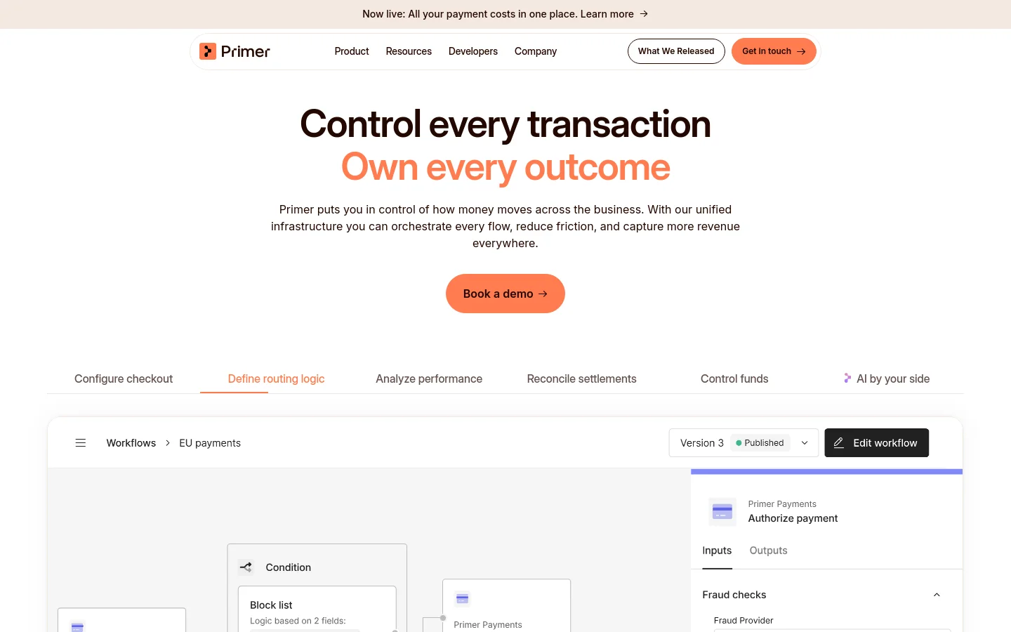The desktop homepage features a clean, white background with a centered hero section containing the headline 'Control every transaction' and a subheadline in orange. A prominent orange 'Book a demo' button sits below the introductory text, followed by a horizontal navigation menu of features and a large software interface preview. The layout is spacious with a professional, minimalist aesthetic using black and orange accents.