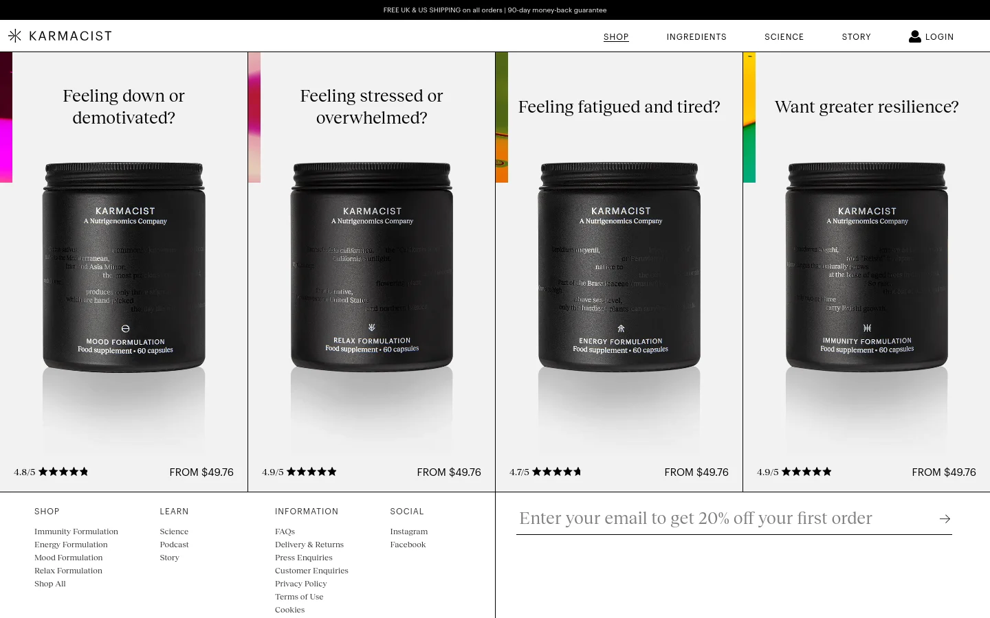 The desktop shop page features a clean white background with a navigation menu at the top. Four product collection cards are arranged in a horizontal row, each displaying a large image of a black supplement bottle against a colorful gradient background, a descriptive headline, star ratings, and a 'SHOP NOW' call to action.