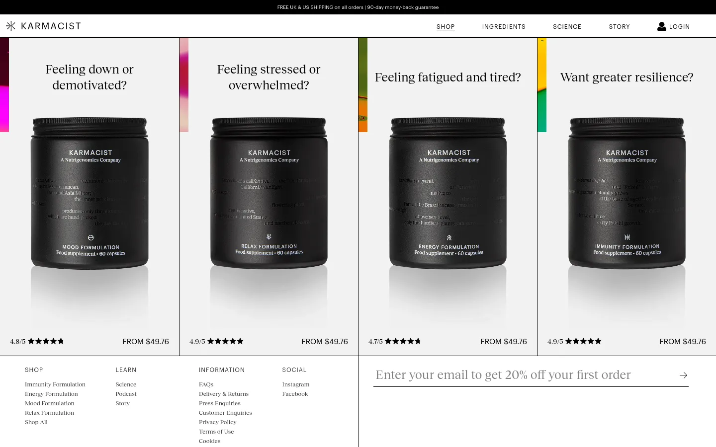 The desktop shop page features a clean white background with a navigation menu at the top. Four product collection cards are arranged in a horizontal row, each displaying a large image of a black supplement bottle against a colorful gradient background, a descriptive headline, star ratings, and a 'SHOP NOW' call to action.