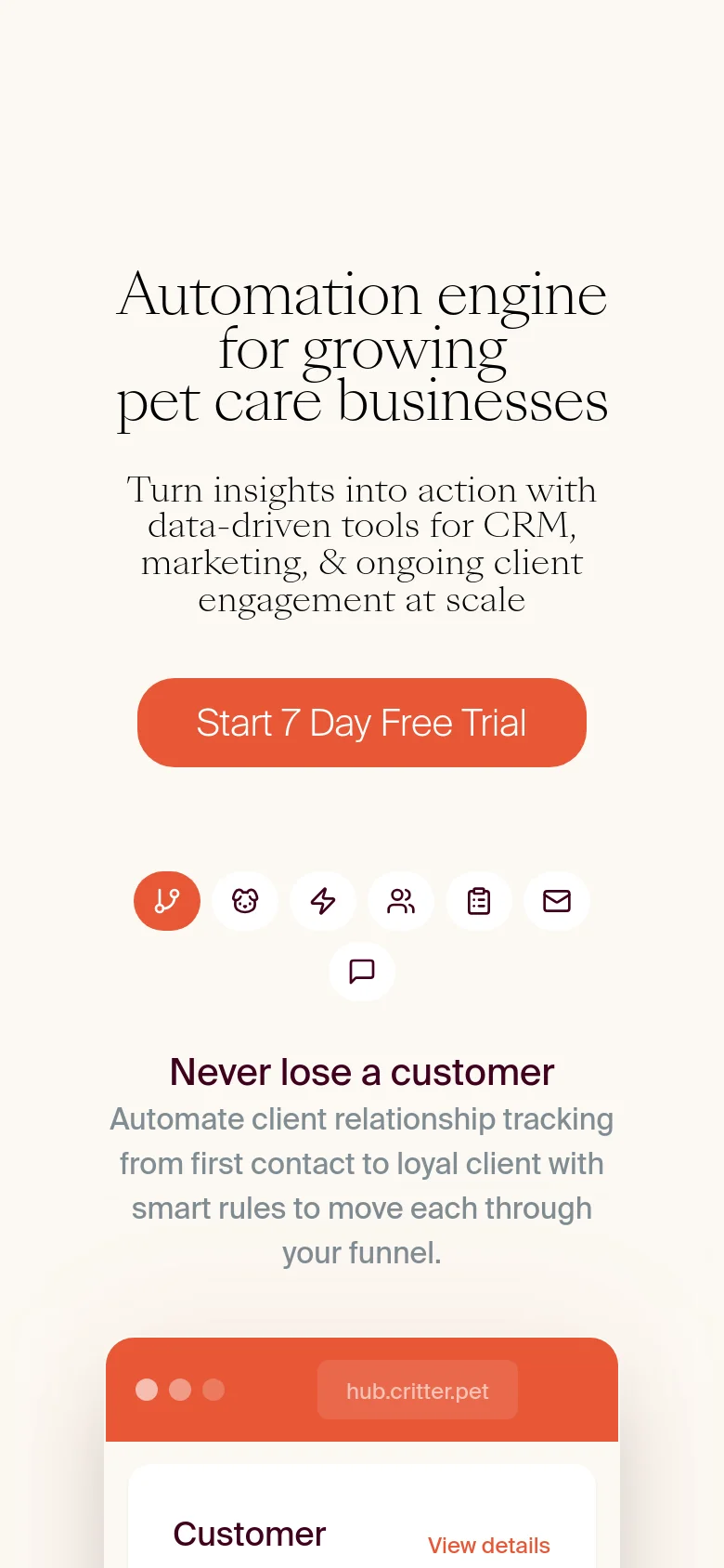 The mobile version presents a vertically stacked layout with the same cream background and serif typography. The hero headline and orange call-to-action button are centered, and the feature icons transition from a wide row to a multi-line grid to fit the narrow screen width.