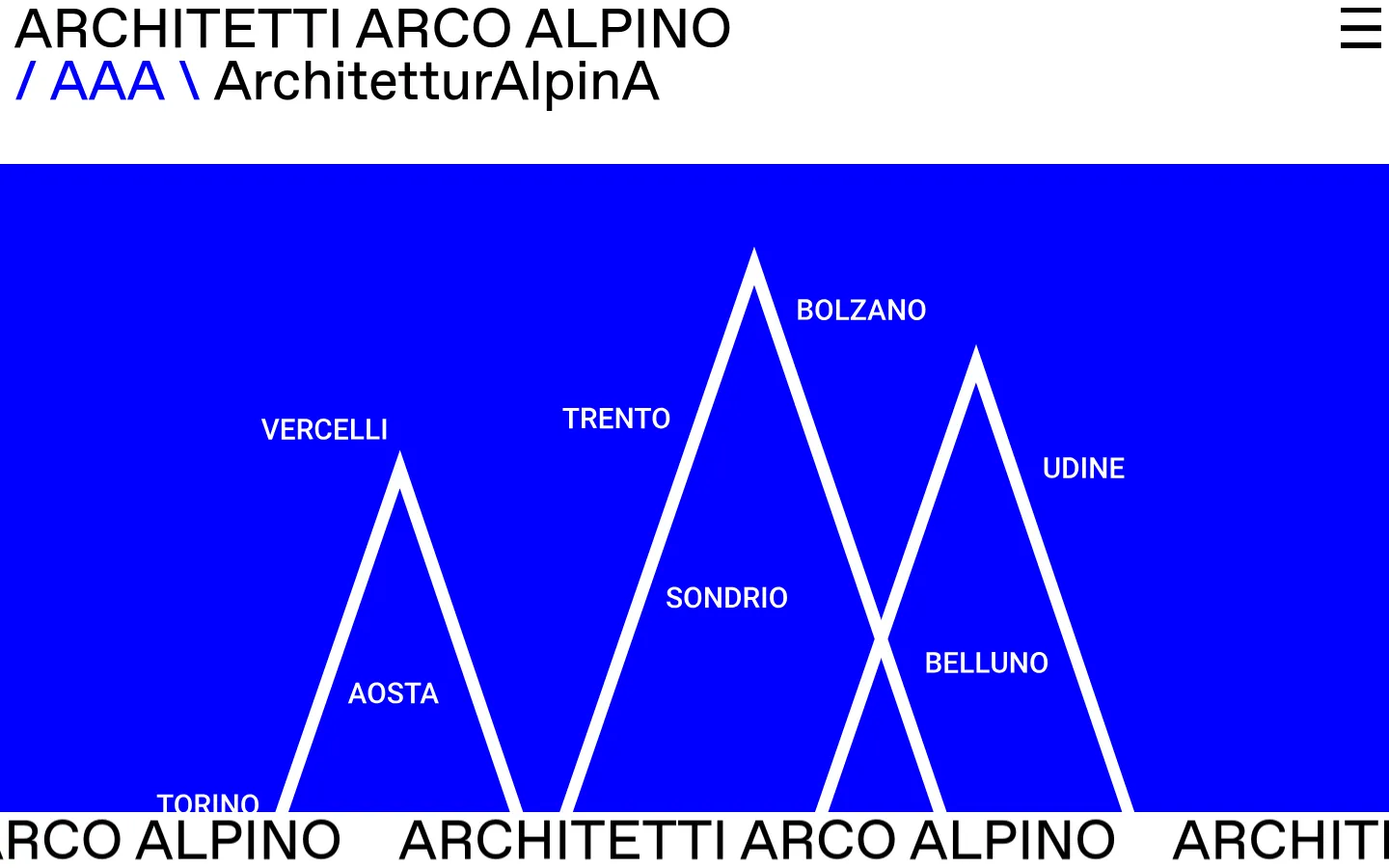 The desktop page features a minimalist design with a large blue hero section containing white geometric peaks representing mountains, labeled with various Italian cities like Bolzano, Trento, and Sondrio. Above the graphic, the title 'ARCHITETTI ARCO ALPINO / AAA \ ArchitetturAlpinA' is displayed in black text next to a hamburger menu icon. Below the blue graphic, large black text introduces a project for 2025/2026 regarding architectural practices in the Alps.