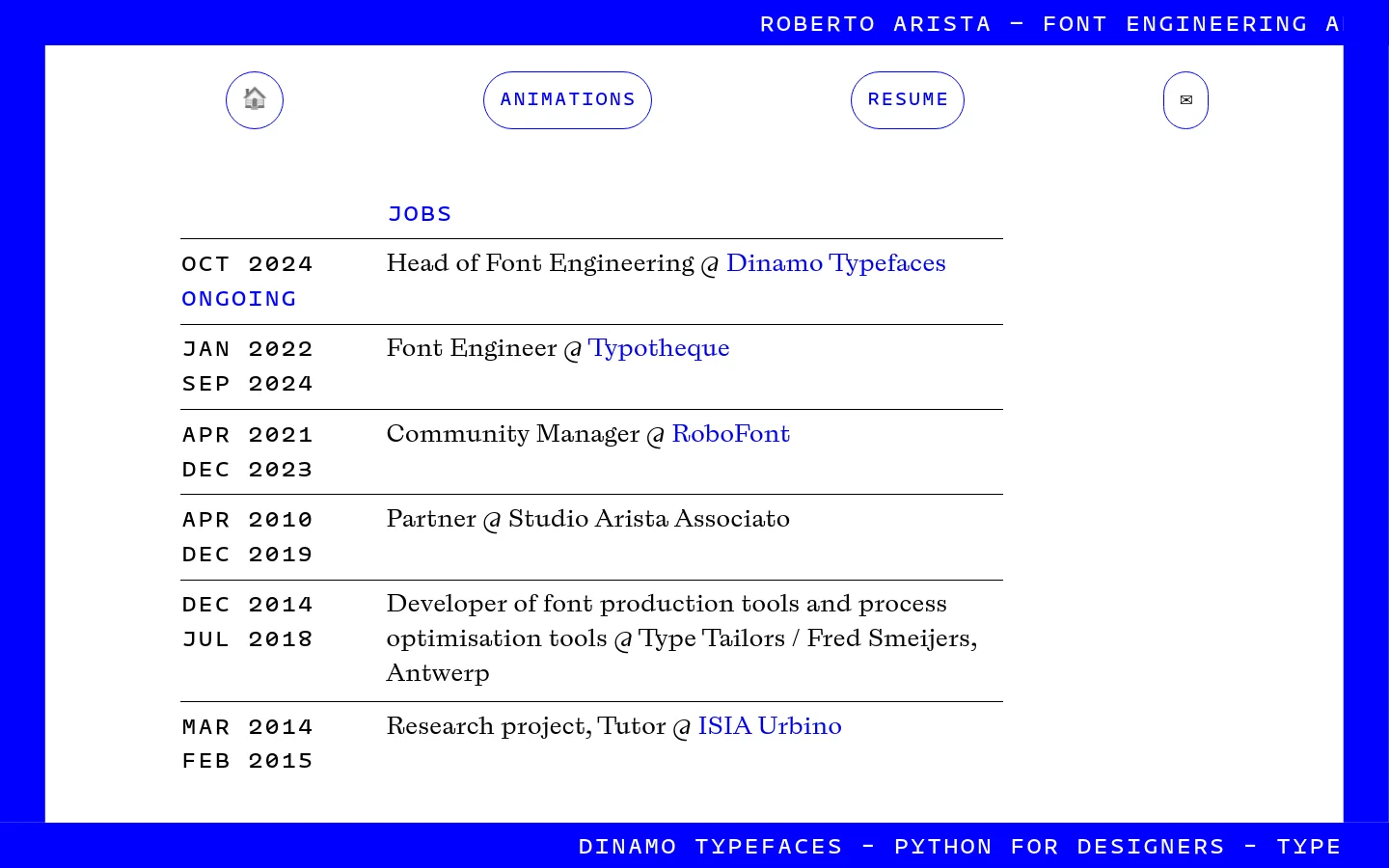 A desktop resume page with a minimalist layout featuring a white central container against a vibrant blue background. The page lists professional jobs and publications in a clean, monospaced font, with navigation buttons for Home, Animations, Resume, and Email at the top.