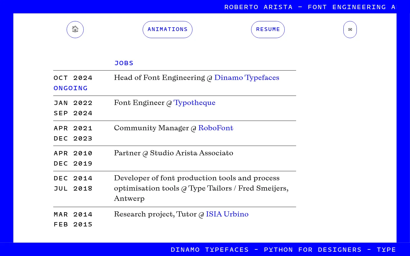 A desktop resume page with a minimalist layout featuring a white central container against a vibrant blue background. The page lists professional jobs and publications in a clean, monospaced font, with navigation buttons for Home, Animations, Resume, and Email at the top.