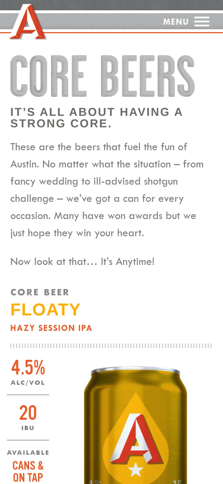 The mobile version presents a simplified vertical layout with a hamburger menu at the top. The age verification pop-up is centered and takes up most of the screen width, overlaying the 'Core Beers' heading and text. The content is stacked vertically, showing the heading and the beginning of the 'Floaty' beer description below the pop-up.