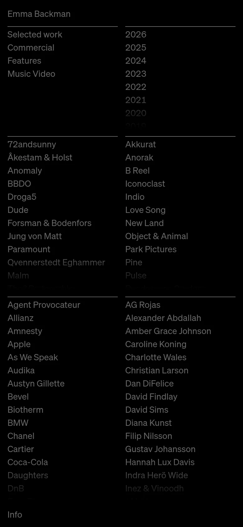 The mobile version maintains the dark, minimalist aesthetic but transitions the multi-column grid into a single, long vertical scroll. The text remains white on a black background, with categories and client names stacked vertically for easier reading on a narrow screen.