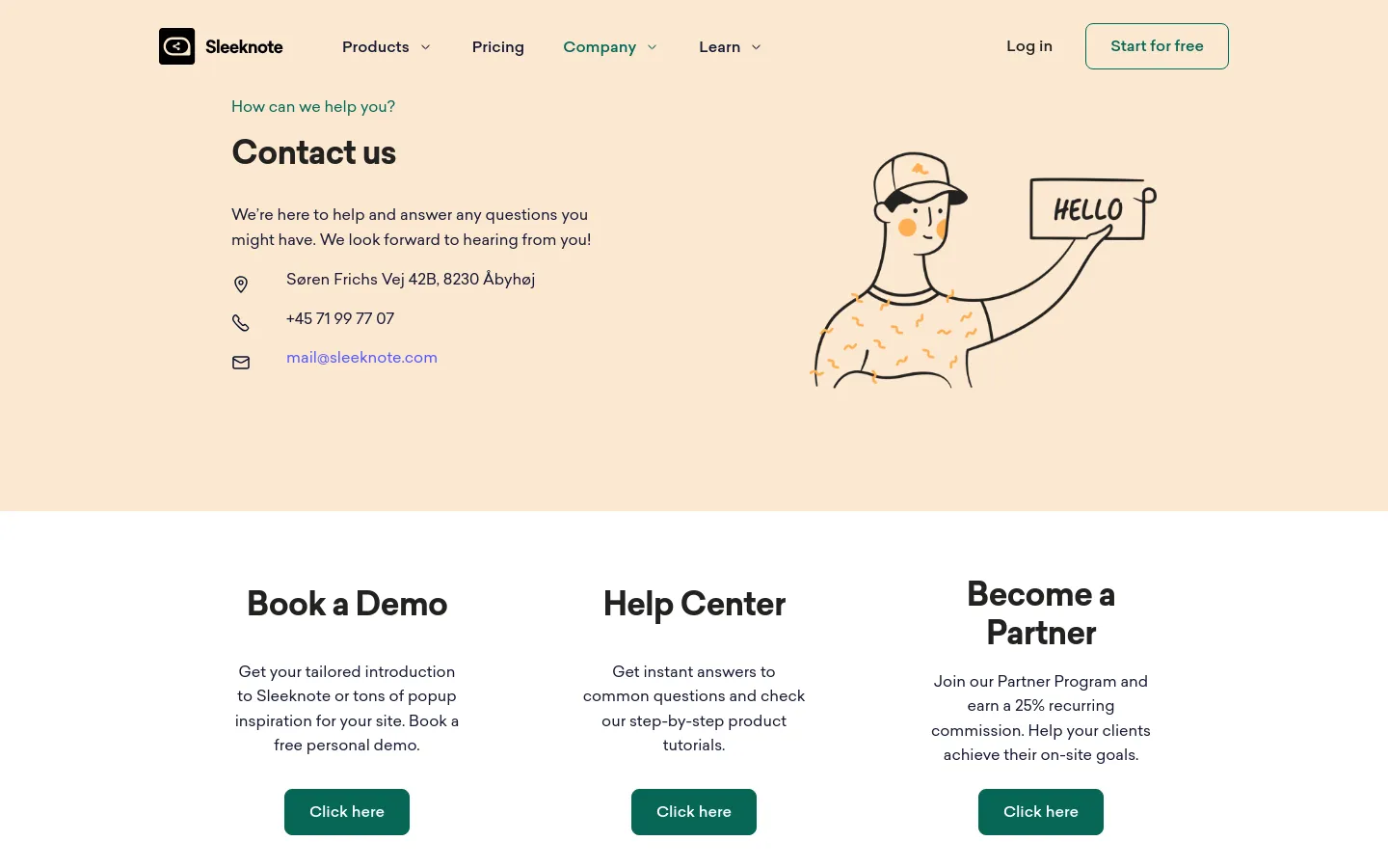 The desktop Contact page features a light peach hero section with the headline 'Contact us', contact details including address, phone, and email, and a large line-art illustration of a person holding a 'HELLO' sign. Below the hero, three columns with dark teal buttons offer options to 'Book a Demo', visit the 'Help Center', or 'Become a Partner'.