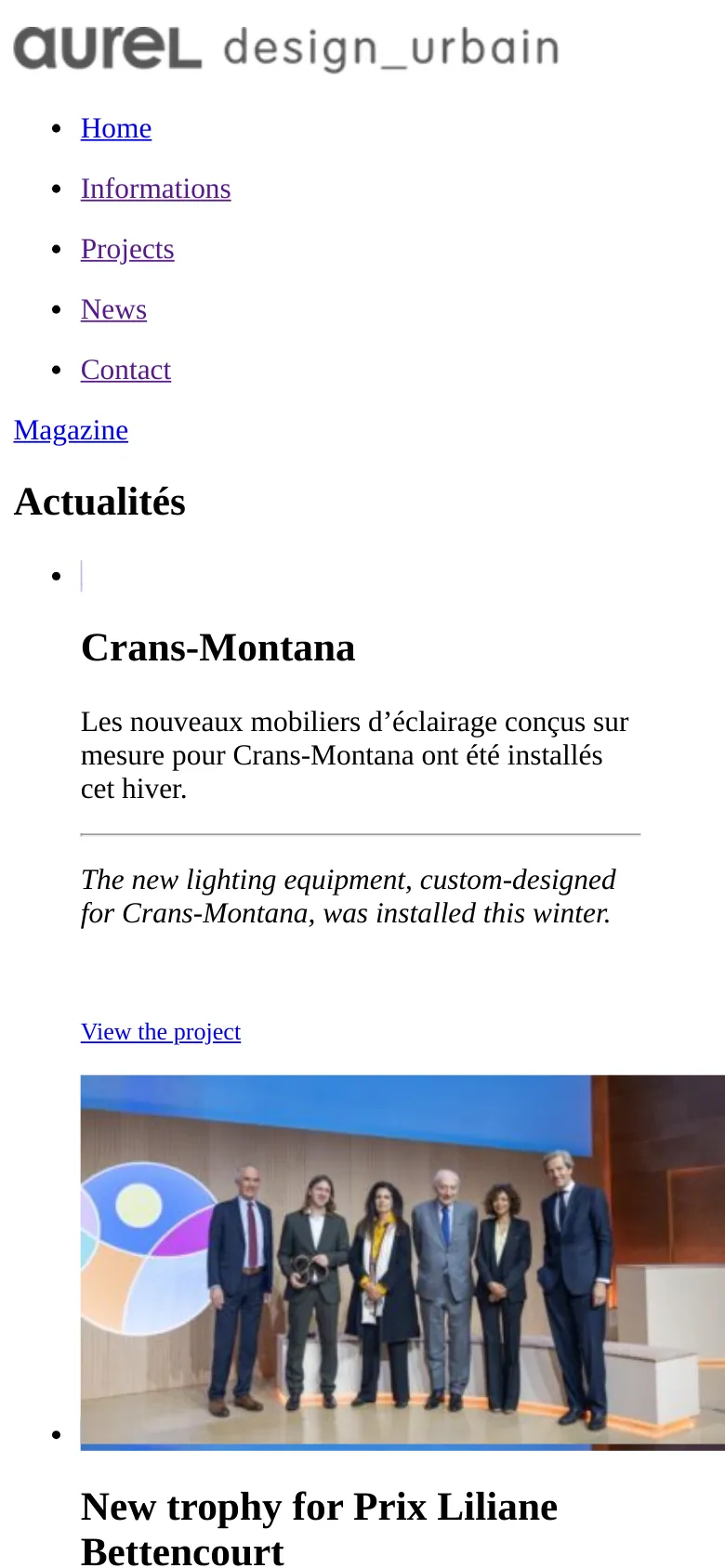 The mobile version maintains the minimalist white aesthetic and top-aligned navigation menu but uses a single-column vertical layout. The text and images are scaled for a narrow screen, with the 'Crans-Montana' headline and news content stacked vertically above the group photograph.