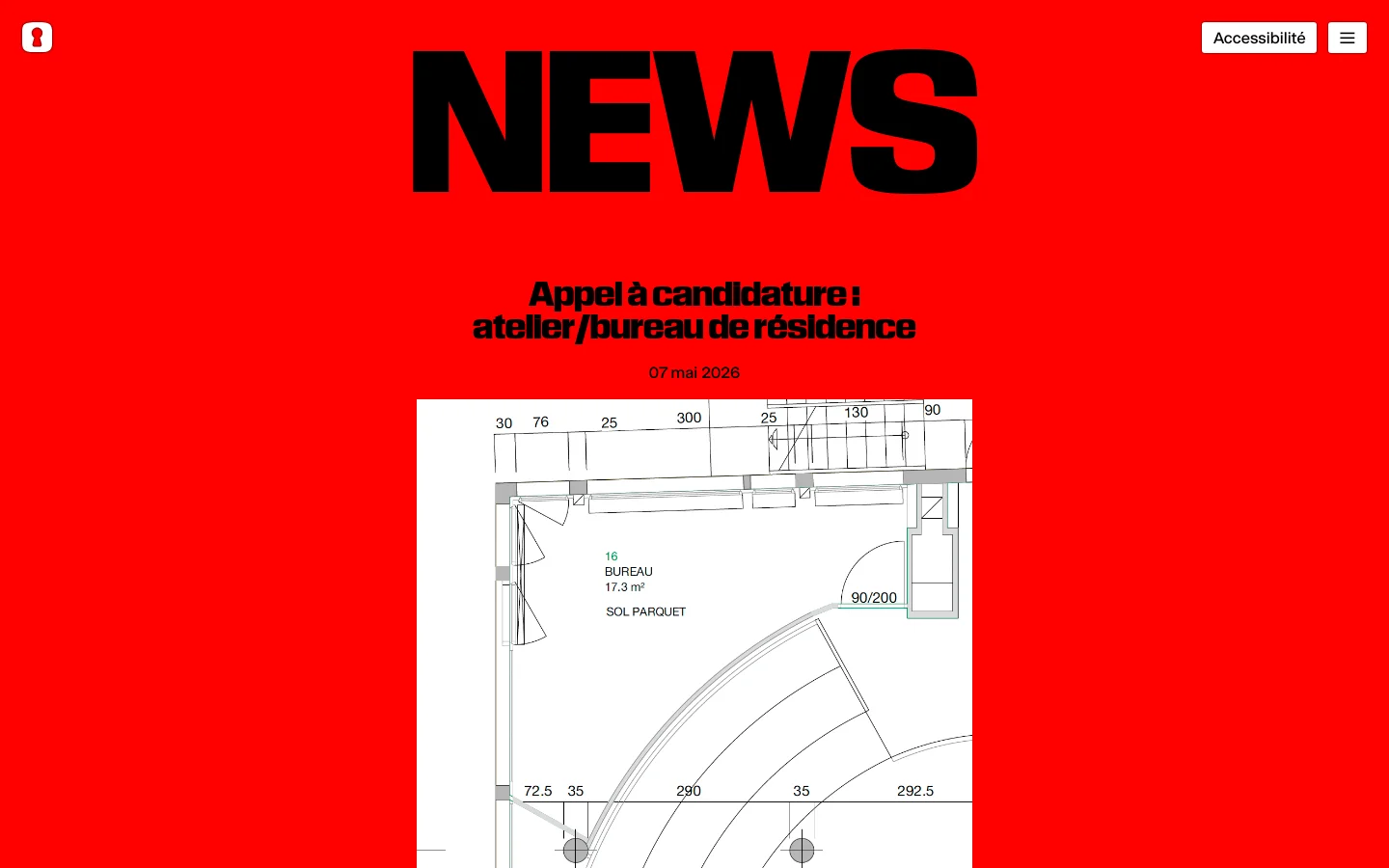 The news page features a bold red background with a large black 'NEWS' headline. Below the headline, a news article is displayed with a title, date, a technical architectural floor plan image, a short text summary, and a 'Plus' link. The layout is clean and high-contrast, with a white navigation bar at the top containing an accessibility button and a menu icon.