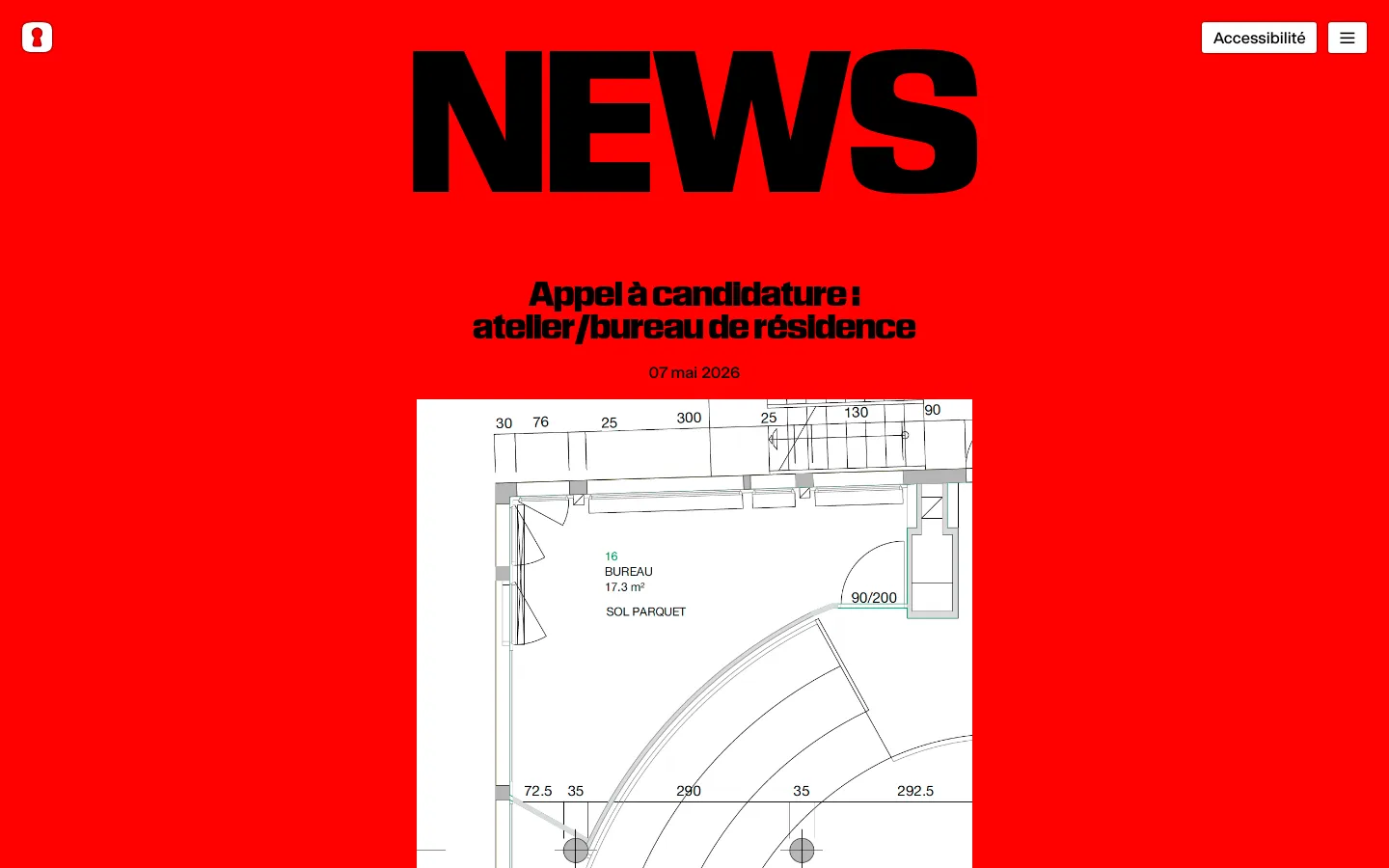 The news page features a bold red background with a large black 'NEWS' headline. Below the headline, a news article is displayed with a title, date, a technical architectural floor plan image, a short text summary, and a 'Plus' link. The layout is clean and high-contrast, with a white navigation bar at the top containing an accessibility button and a menu icon.