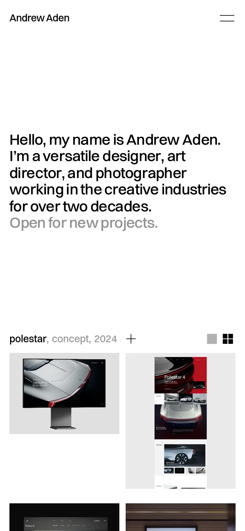 The mobile version features a simplified layout with a centered brand name and a hamburger menu icon. The hero text is stacked vertically for readability, and the project grid transitions into a single-column view to accommodate the narrow screen width.