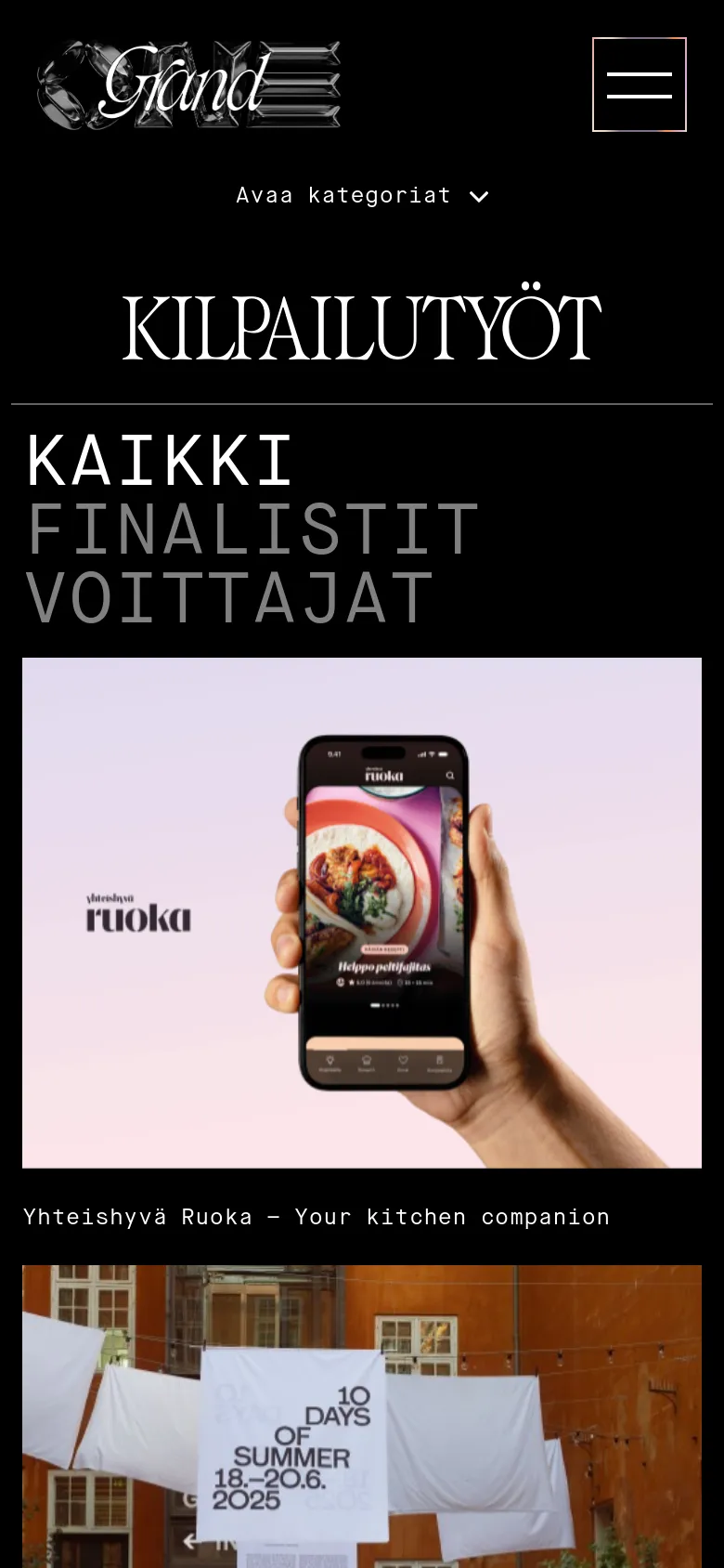 The mobile version uses a black background with a simplified layout. The navigation is condensed into a hamburger menu, and the 'Avaa kategoriat' dropdown is prominent above the large 'KILPAILUTYÖT' heading. The content follows a vertical stack, starting with the main title and sub-navigation, followed by a large hero image of a hand holding a smartphone.