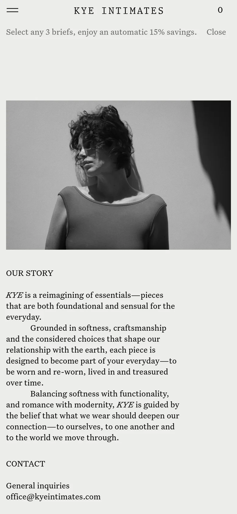 The mobile version simplifies the layout into a single vertical column, stacking the large black-and-white hero image above the text content. The two-column desktop layout is replaced by a continuous scroll of text sections including 'Our Story,' 'Contact,' and 'Sustainability Practices.' A hamburger menu and brand logo are visible at the top, with a promotional banner below it.