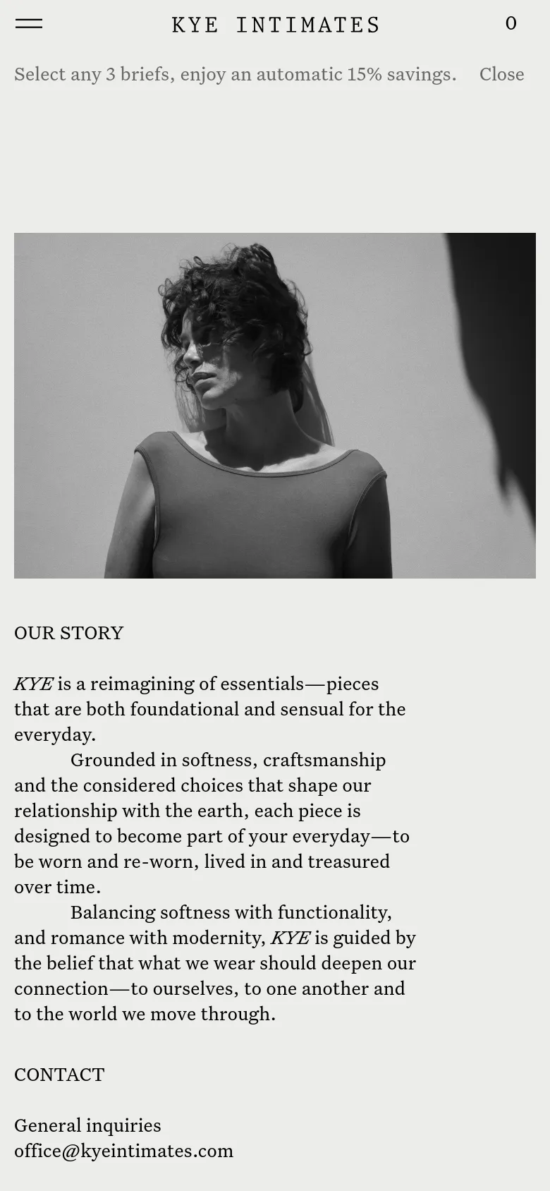 The mobile version simplifies the layout into a single vertical column, stacking the large black-and-white hero image above the text content. The two-column desktop layout is replaced by a continuous scroll of text sections including 'Our Story,' 'Contact,' and 'Sustainability Practices.' A hamburger menu and brand logo are visible at the top, with a promotional banner below it.