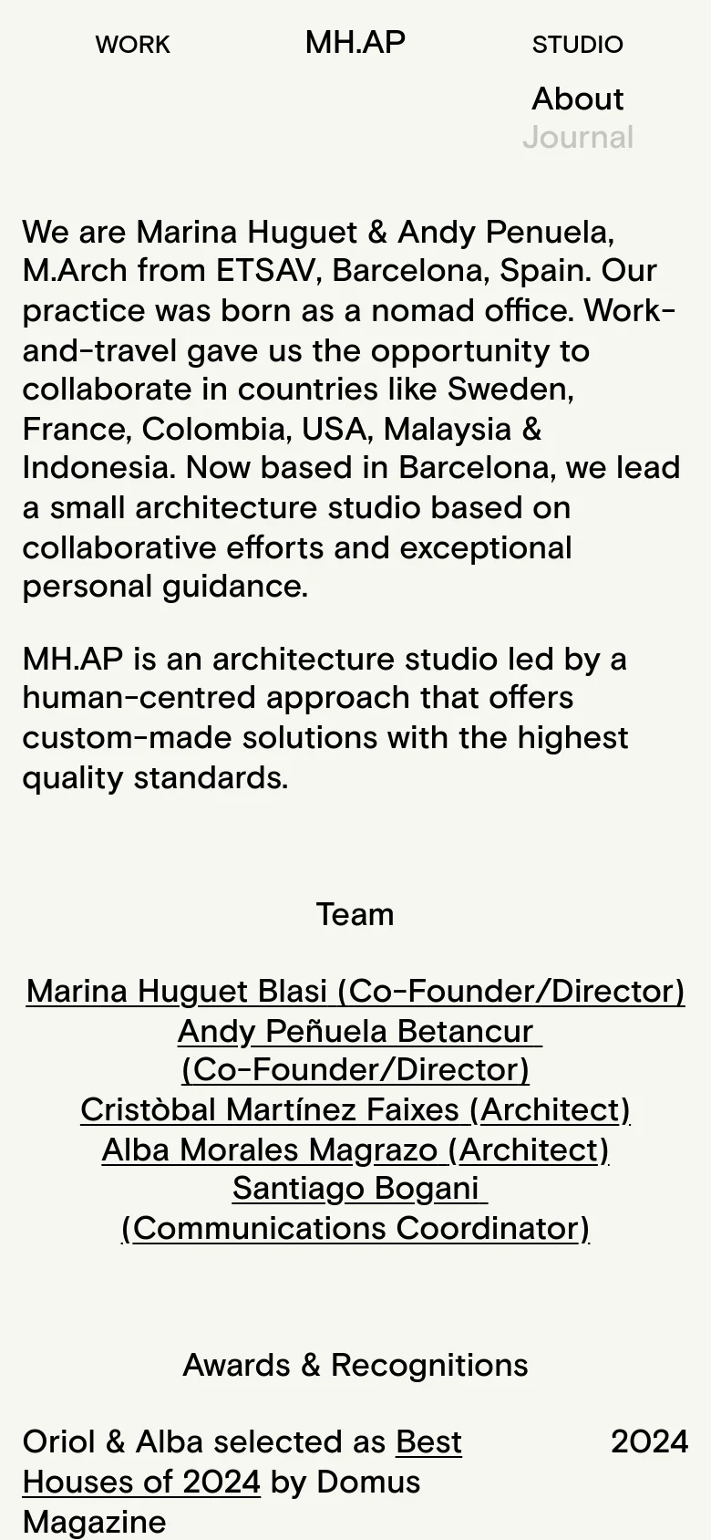 The mobile version maintains the minimalist cream and black aesthetic but adapts the layout for a vertical screen. The navigation menu is condensed, and the text blocks are stacked vertically, ensuring readability on a smaller display while preserving the centered typography and ample spacing.