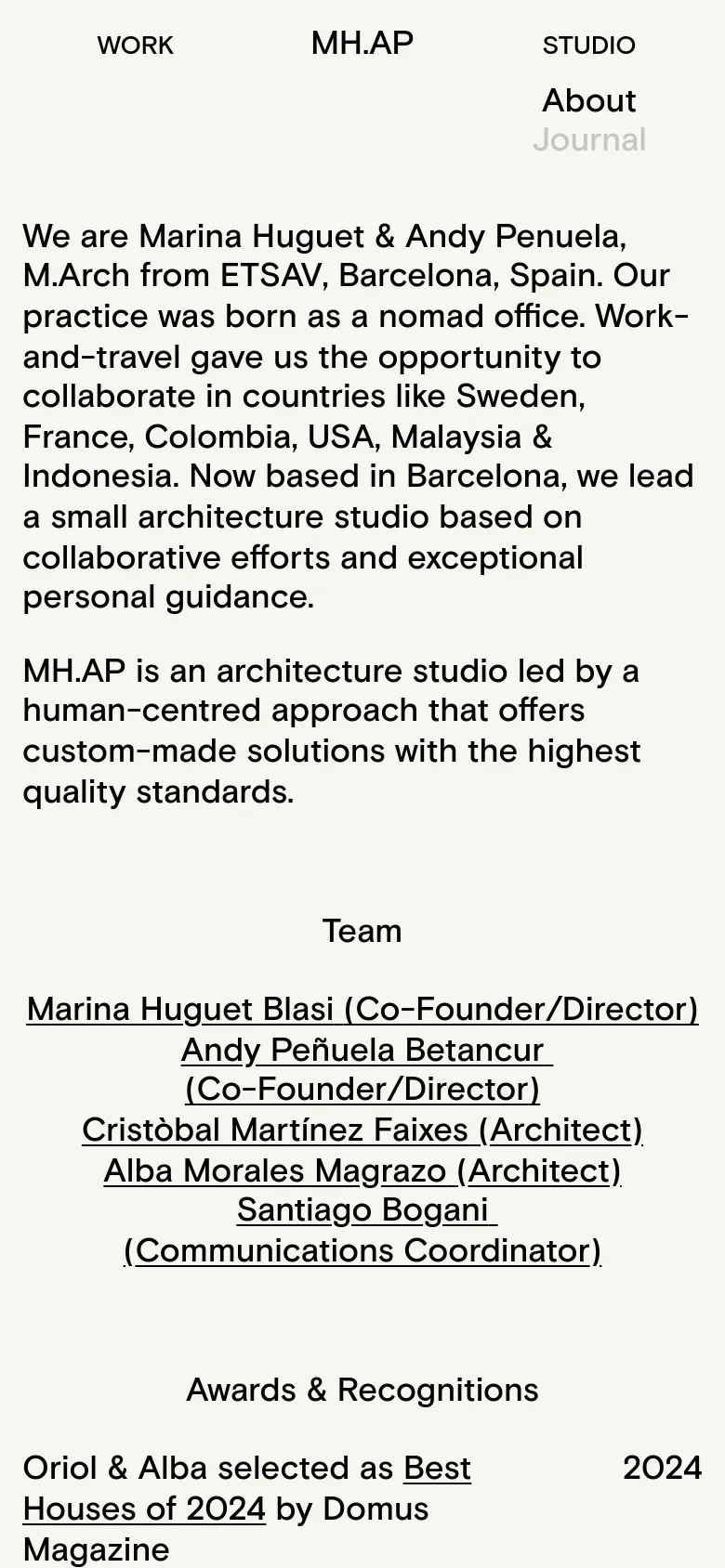 The mobile version maintains the minimalist cream and black aesthetic but adapts the layout for a vertical screen. The navigation menu is condensed, and the text blocks are stacked vertically, ensuring readability on a smaller display while preserving the centered typography and ample spacing.