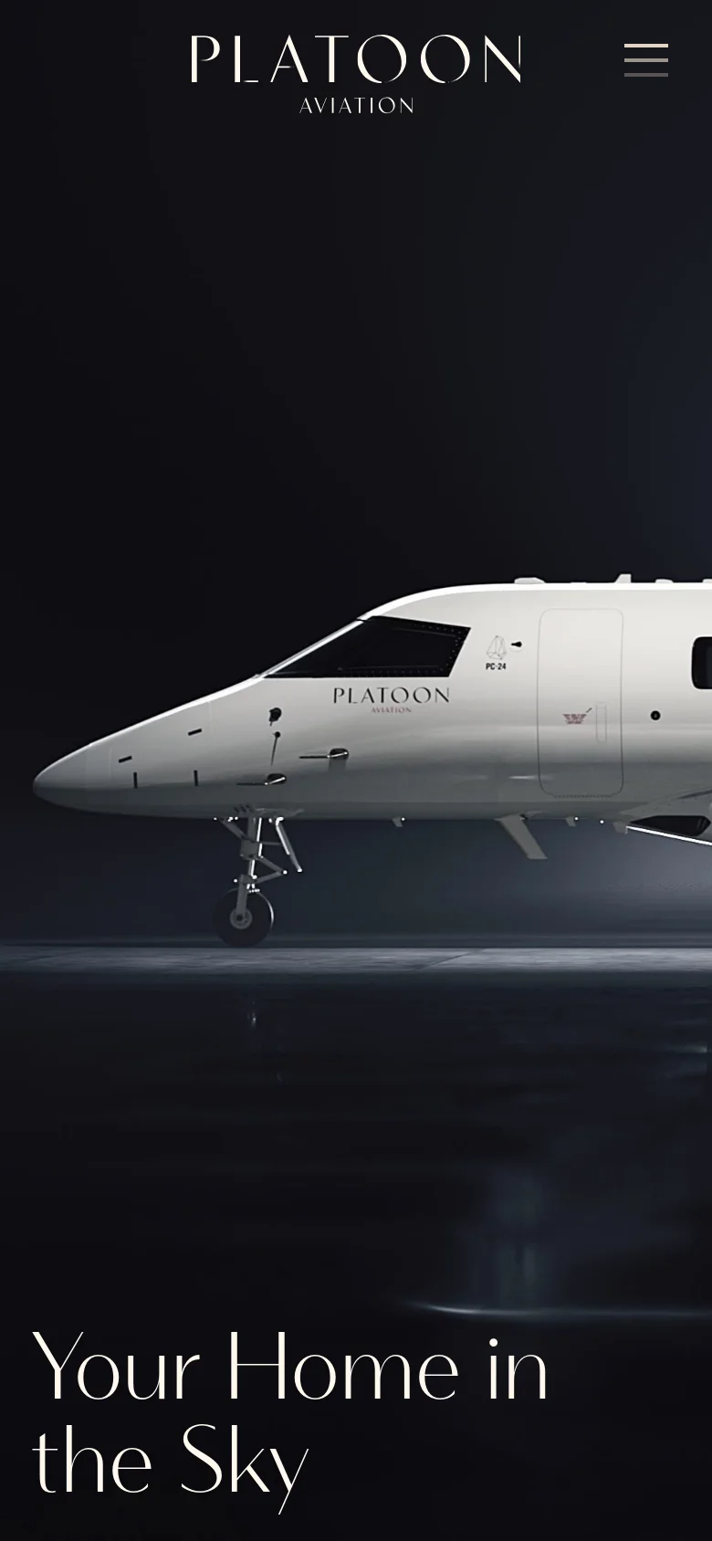 The mobile version simplifies the layout, replacing the horizontal navigation menu with a hamburger icon in the top right corner. The hero section focuses on a close-up shot of the jet's nose and the large headline 'Your Home in the Sky' positioned at the bottom of the screen against a dark background.