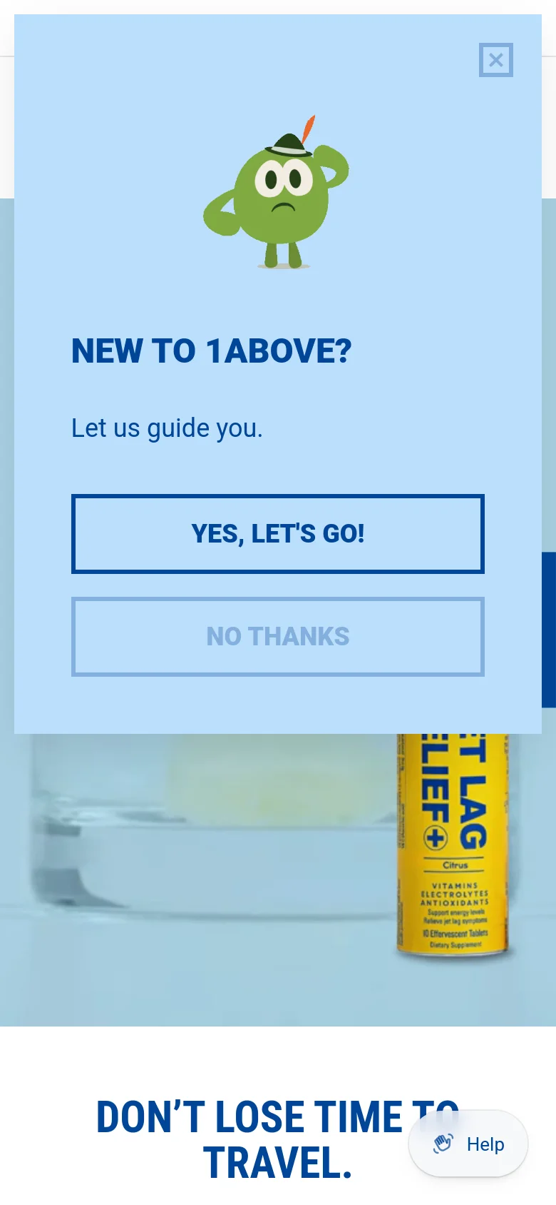 The mobile version presents a vertically stacked layout optimized for small screens, starting with the hero image and large text. The feature sections follow in a single column, and a large light-blue pop-up modal titled 'NEW TO 1ABOVE?' covers the center of the screen with 'YES, LET'S GO!' and 'NO THANKS' buttons. A floating 'Help' button is visible in the bottom right corner.