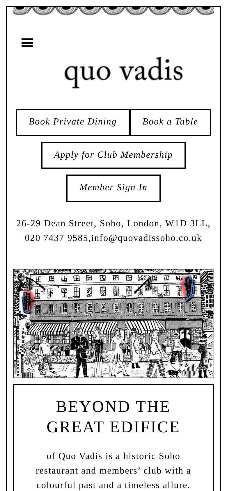 The mobile version uses a stacked layout where the logo is centered above the navigation buttons. The four call-to-action buttons are arranged in a grid pattern, and the large black-and-white street illustration follows below, appearing slightly more compressed to fit the vertical screen.