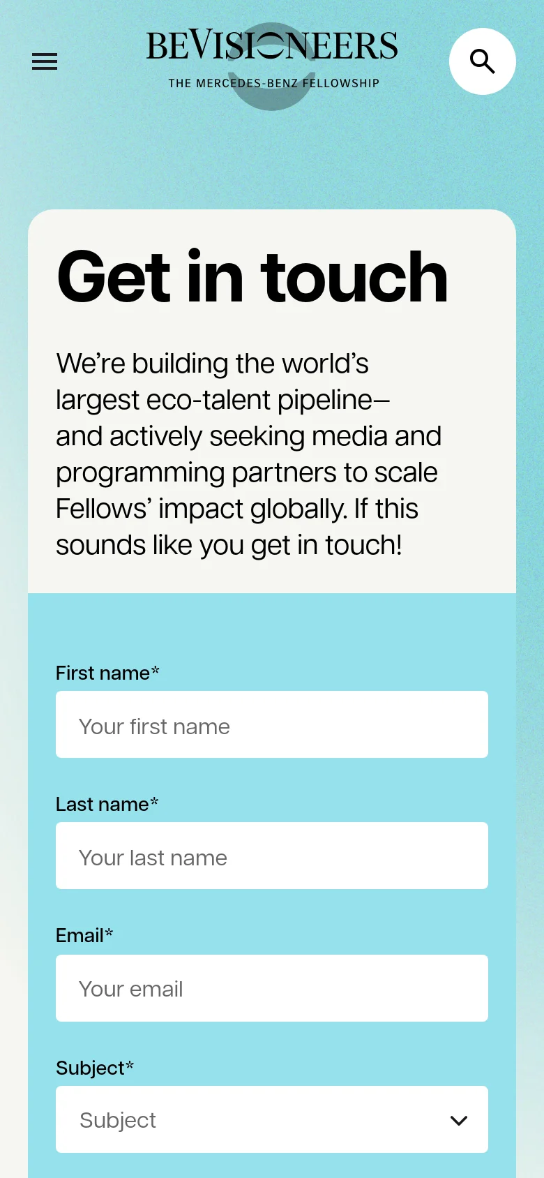 BeVisioneers Get in touch mobile page with a vertically stacked layout. The headline and mission statement appear at the top in large black text, followed by a single-column contact form with white input fields against a light teal background.