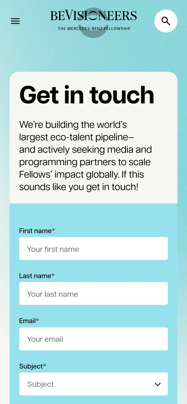 BeVisioneers Get in touch mobile page with a vertically stacked layout. The headline and mission statement appear at the top in large black text, followed by a single-column contact form with white input fields against a light teal background.