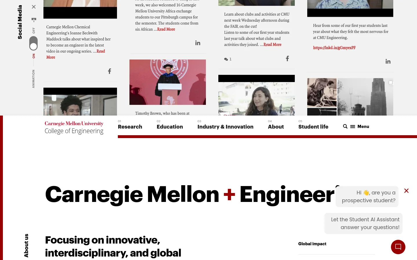 The desktop homepage for Carnegie Mellon College of Engineering features a large hero image with a scientific graphic and the headline 'The stepping stones of memory are more fluid than once thought.' Below, a 'Recent news' section displays a grid of news articles with large images and headlines. The navigation bar is horizontal at the top, and a chat widget appears in the bottom right corner.