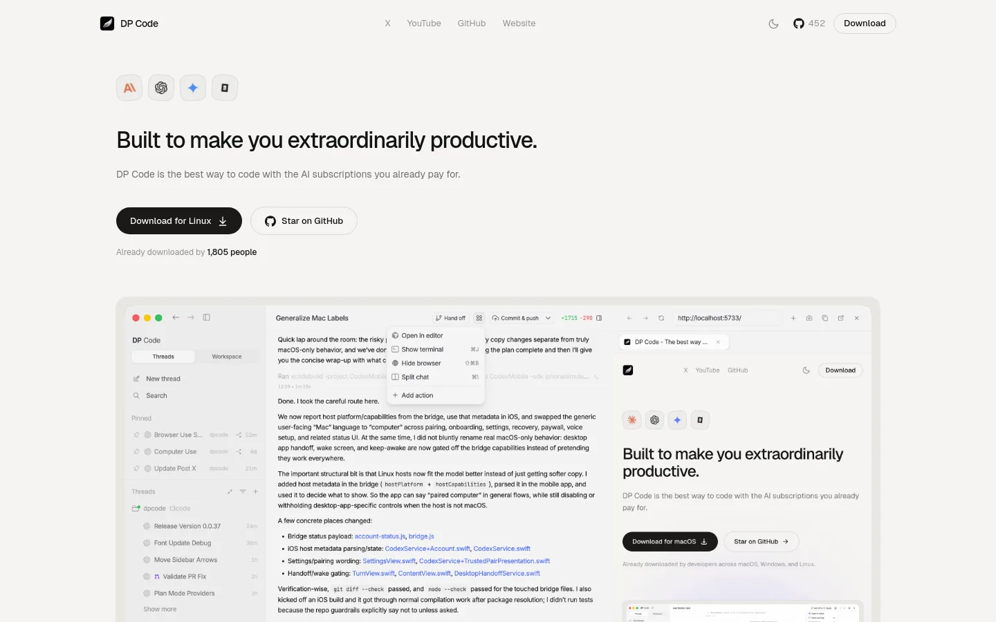 The desktop homepage for DP Code features a clean, minimalist white layout with dark text. A hero section includes the headline 'Built to make you extraordinarily productive,' primary buttons for 'Download for Linux' and 'Star on GitHub,' and two side-by-side screenshots showing the software interface in light and dark modes. Below, a 'Providers' section lists various AI subscriptions like Claude and Codex using a grid of text and icons.