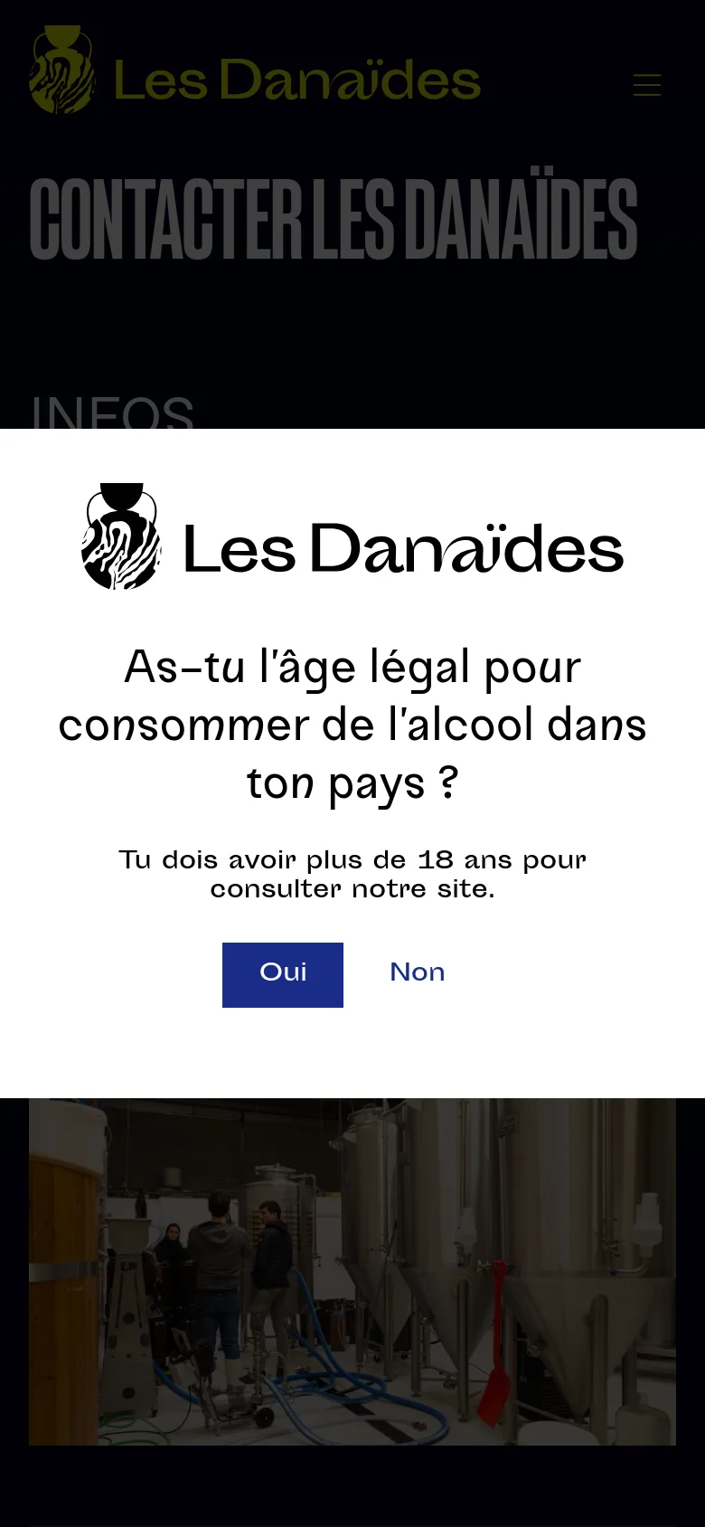 The mobile version presents a simplified vertical layout with a large age verification pop-up covering most of the screen. The header contains the brewery logo and a hamburger menu icon, while the main content includes the large headline and brewery imagery stacked vertically on a dark background.