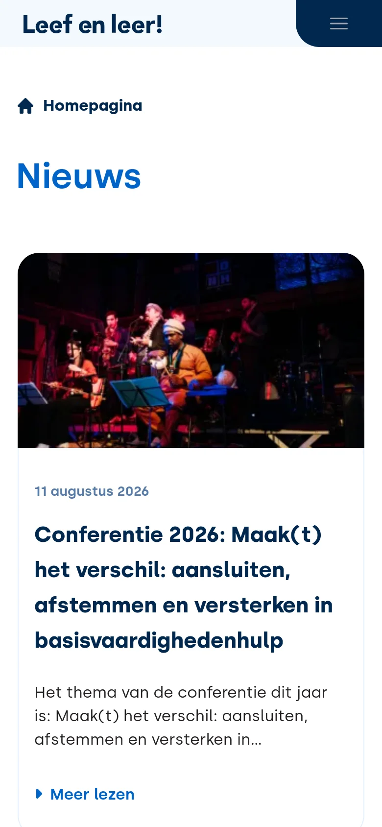The mobile version simplifies the layout into a single-column vertical stack. The navigation is condensed into a hamburger menu icon on a dark blue bar, and the news articles appear as large, full-width cards with prominent images and text.