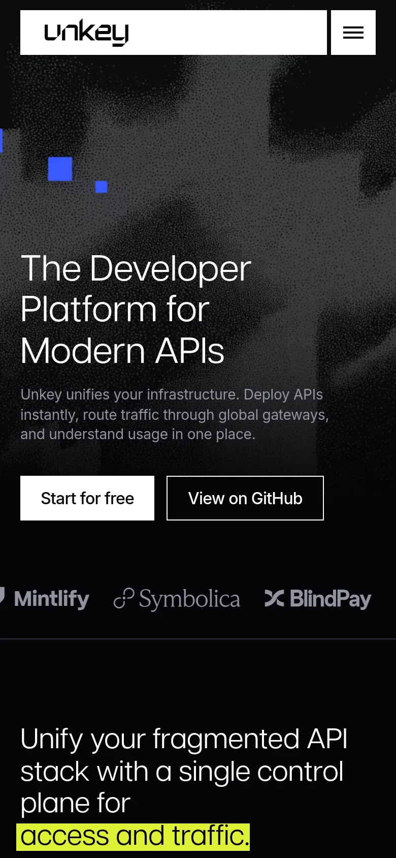 The mobile version presents a simplified vertical layout with a condensed header containing a hamburger menu and the Unkey logo. The hero section features the main headline and description in a centered format, with the 'Start for free' and 'View on GitHub' buttons stacked vertically for easier tapping. The dark, textured background and prominent typography remain consistent with the desktop experience.