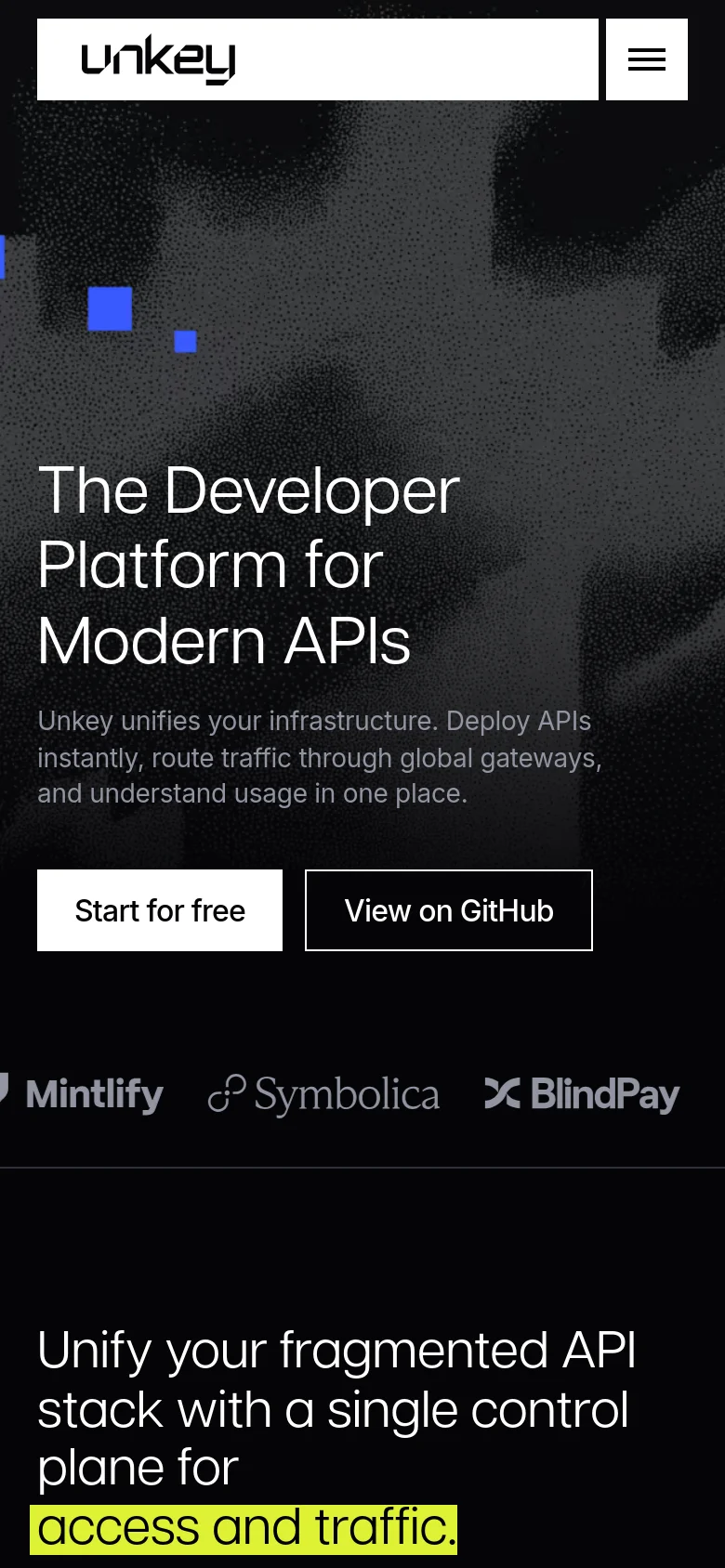 The mobile version presents a simplified vertical layout with a condensed header containing a hamburger menu and the Unkey logo. The hero section features the main headline and description in a centered format, with the 'Start for free' and 'View on GitHub' buttons stacked vertically for easier tapping. The dark, textured background and prominent typography remain consistent with the desktop experience.