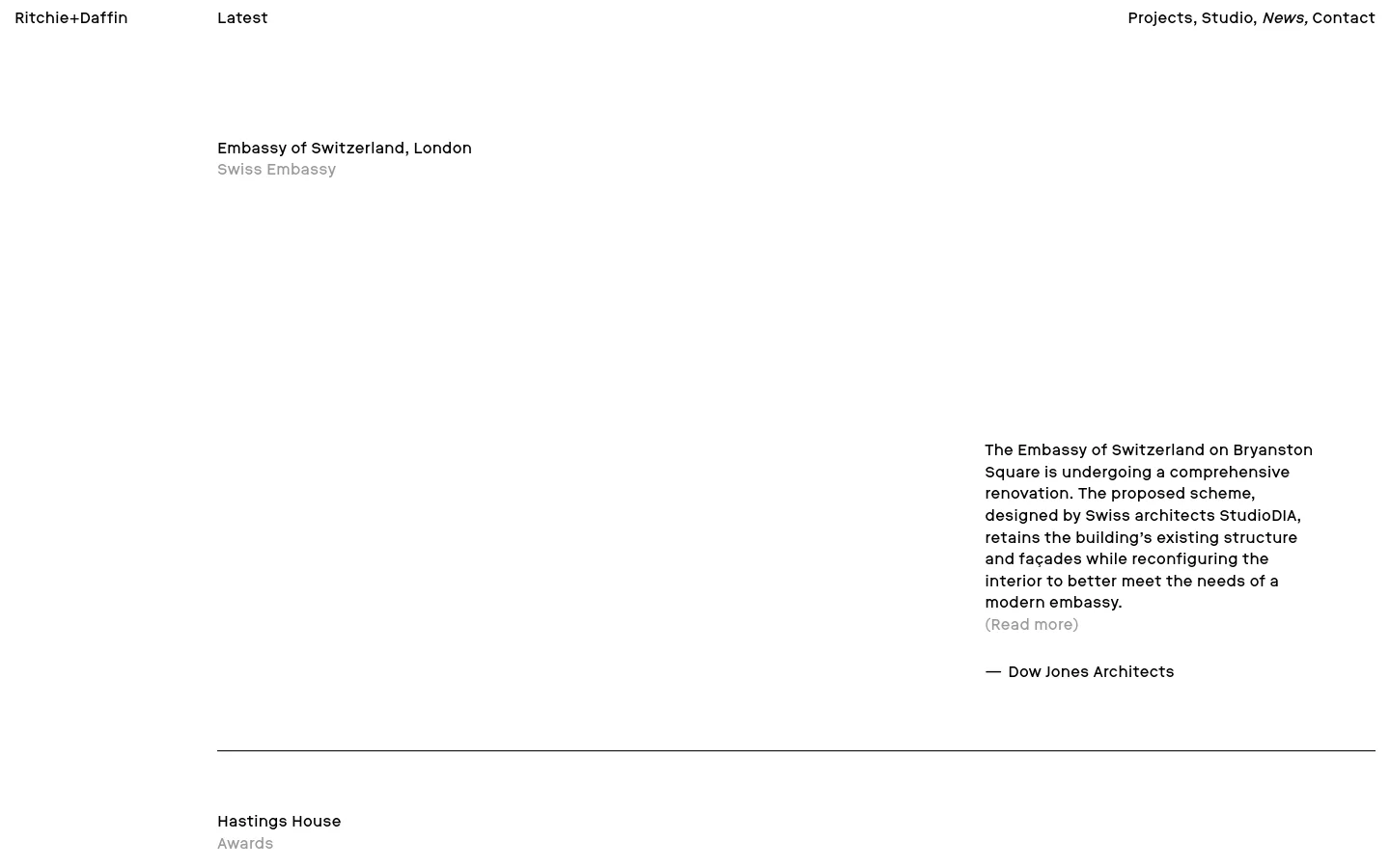 The News page features a minimalist white layout with black text and a clean navigation menu at the top. The main content displays news articles, starting with the Embassy of Switzerland project, which includes a large architectural rendering of a modern, sunlit interior with plants and high ceilings. Each article includes a headline, category, descriptive text, and a 'Read more' link.