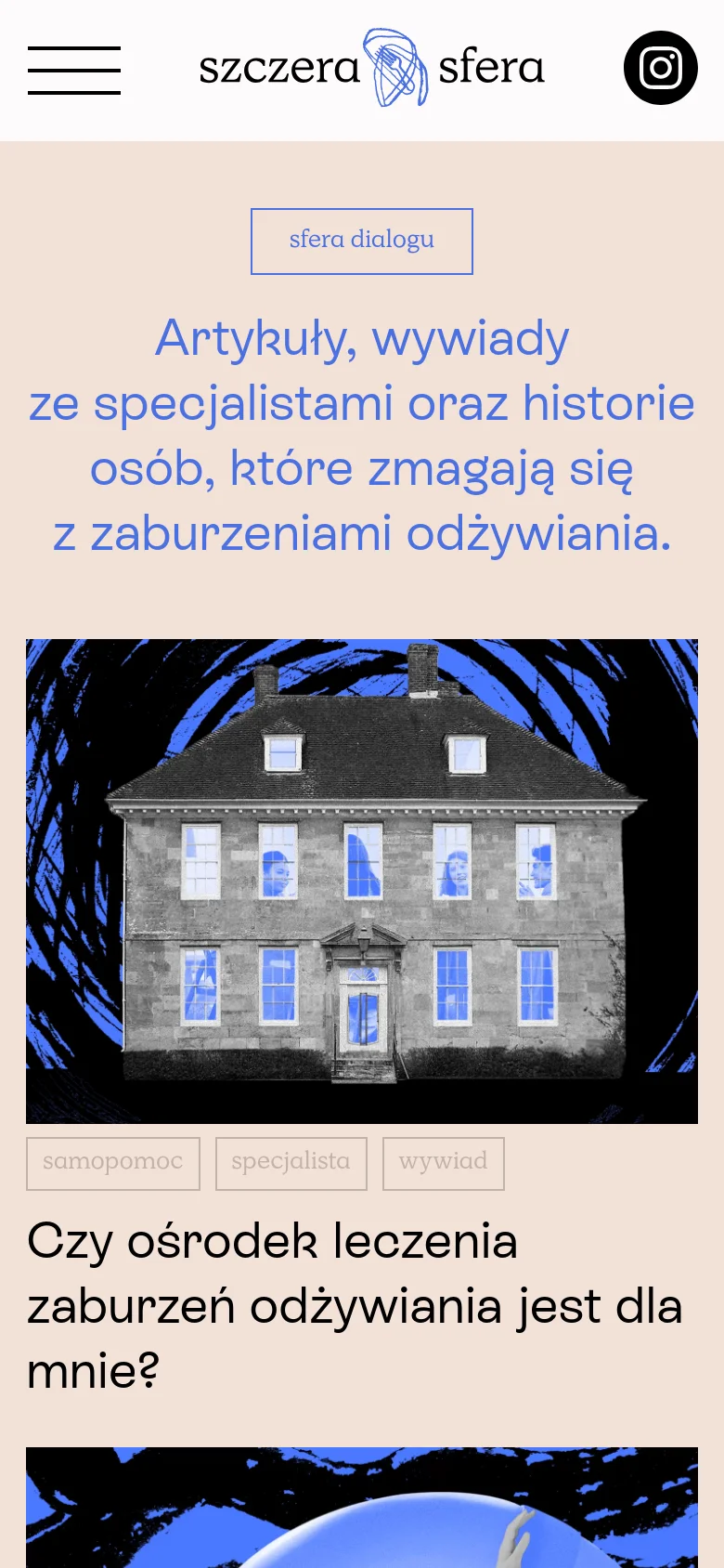 The mobile version presents a single-column vertical layout on a light pink background, emphasizing the large blue headline. The content consists of stacked large images with category tags like 'samopomoc' and 'specjalista' positioned directly below each image, followed by article titles. The header is condensed, showing the logo, a hamburger menu, and an Instagram icon.