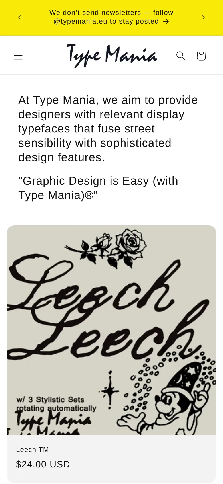 The mobile version features a single-column vertical layout optimized for scrolling, with the yellow announcement bar and Type Mania logo at the top. The product grid is condensed into large, full-width cards that display a single prominent typeface preview image followed by the product name and price. The navigation is simplified into a hamburger menu and search/cart icons.