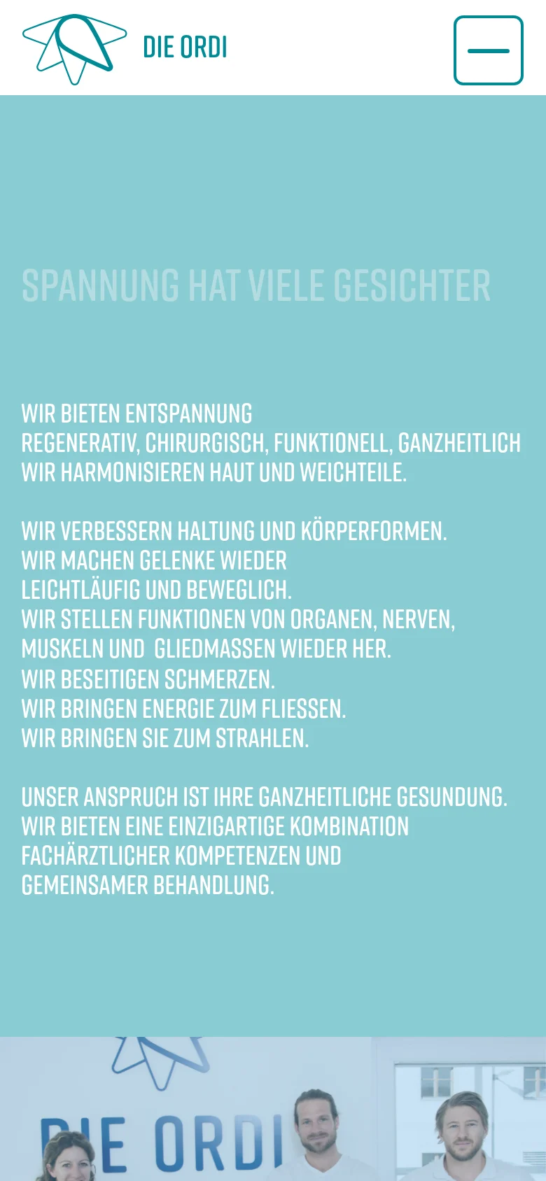 The mobile version maintains the light teal background and white text but uses a simplified layout. The header features the logo and a large hamburger menu icon on the right, with the main text content stacked vertically to fit the narrower screen width.