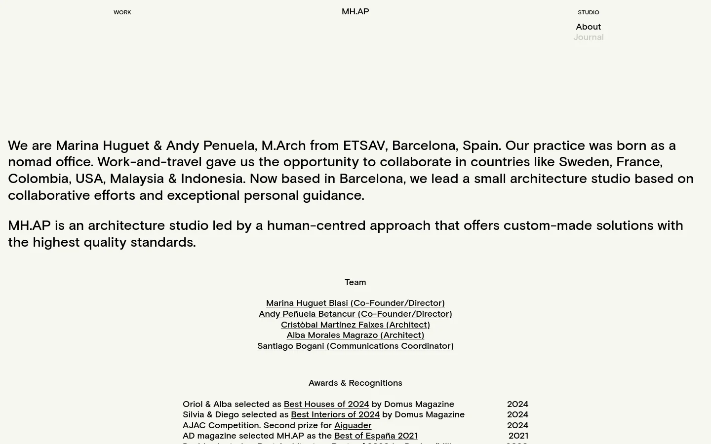 The desktop version features a minimalist design with a light cream background and black text. The layout consists of a centered navigation menu at the top, followed by large blocks of centered text describing the studio's history and mission, and a 'Team' section with a list of names as links. The design is spacious with significant white space.