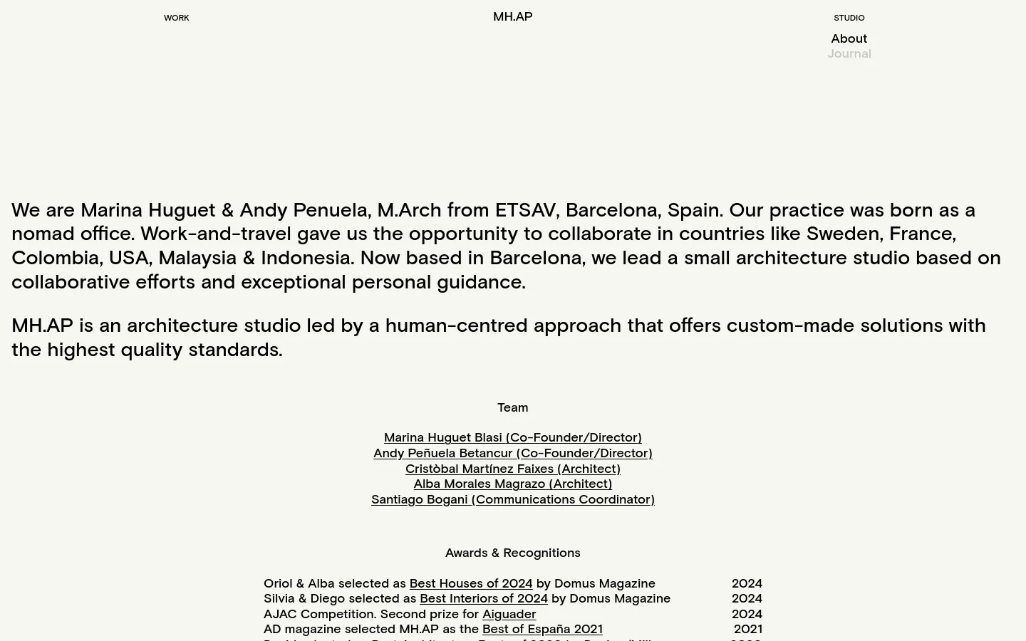 The desktop version features a minimalist design with a light cream background and black text. The layout consists of a centered navigation menu at the top, followed by large blocks of centered text describing the studio's history and mission, and a 'Team' section with a list of names as links. The design is spacious with significant white space.
