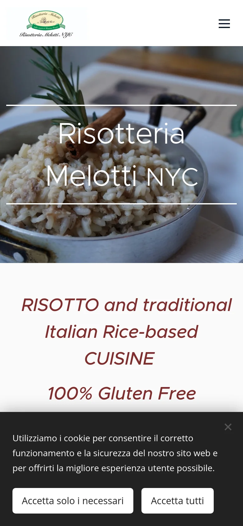 Mobile version of the homepage showing a centered logo and a hamburger menu icon at the top. The hero image of risotto is followed by large, centered red text reading 'RISOTTO and traditional Italian Rice-based CUISINE' and '100% Gluten Free'. A cookie consent banner appears at the bottom of the screen.