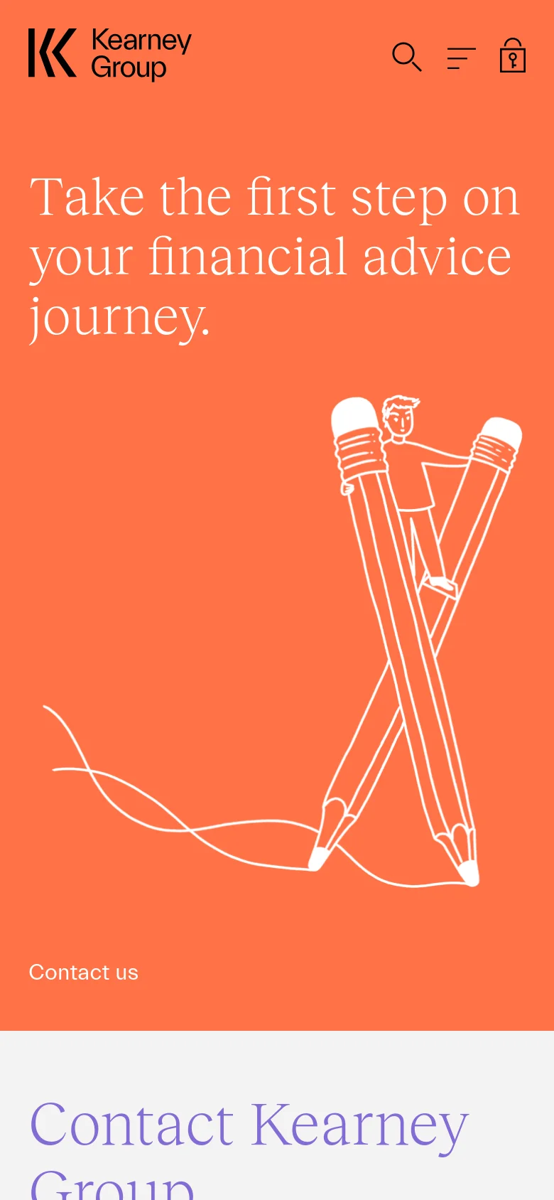 The mobile version displays a condensed layout with a hamburger menu and search icon in the header against an orange background. The hero section features the same headline and pencil illustration, but the text and graphics are scaled to fit the vertical screen, followed by the contact section below.