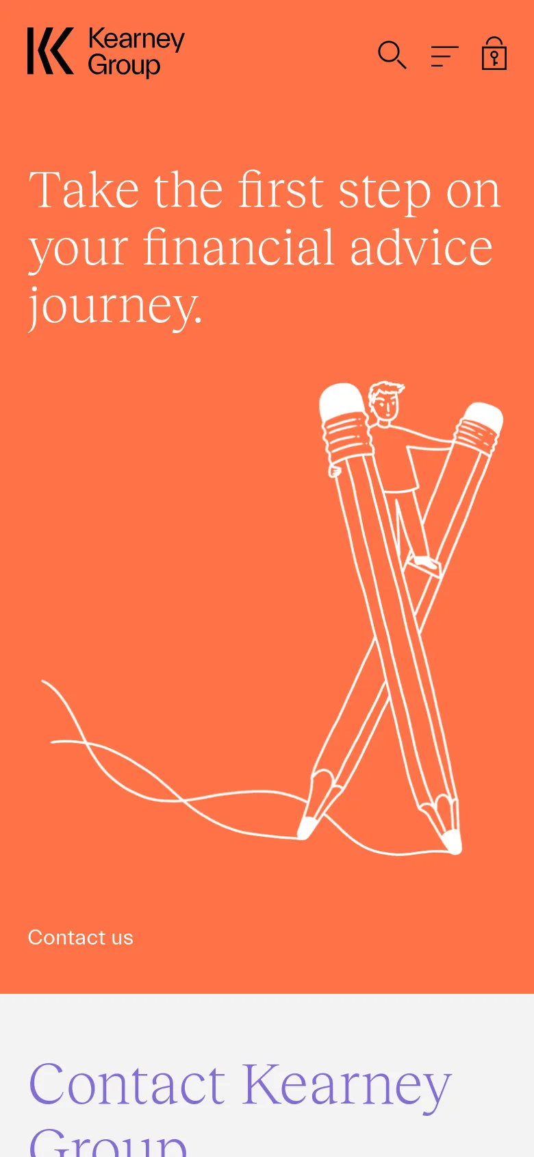 The mobile version displays a condensed layout with a hamburger menu and search icon in the header against an orange background. The hero section features the same headline and pencil illustration, but the text and graphics are scaled to fit the vertical screen, followed by the contact section below.