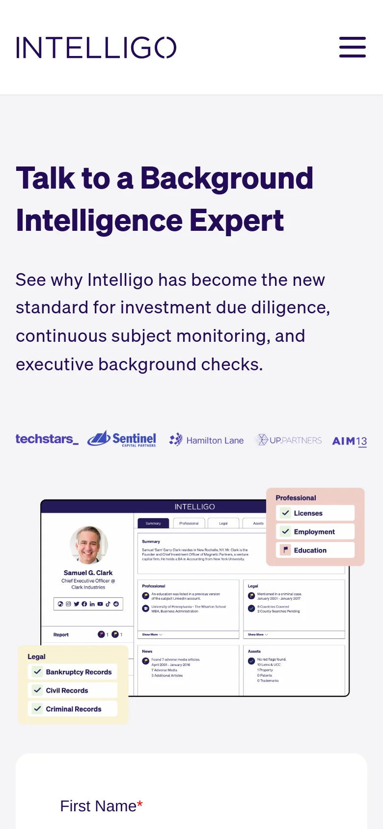 The mobile version simplifies the layout into a single vertical column, starting with a hamburger menu icon and the Intelligo logo. The headline and subheadline are centered above a row of client logos, followed by the software dashboard image. The contact form is stacked vertically below the imagery, maintaining the same input fields and navy blue 'Request a Demo' button.